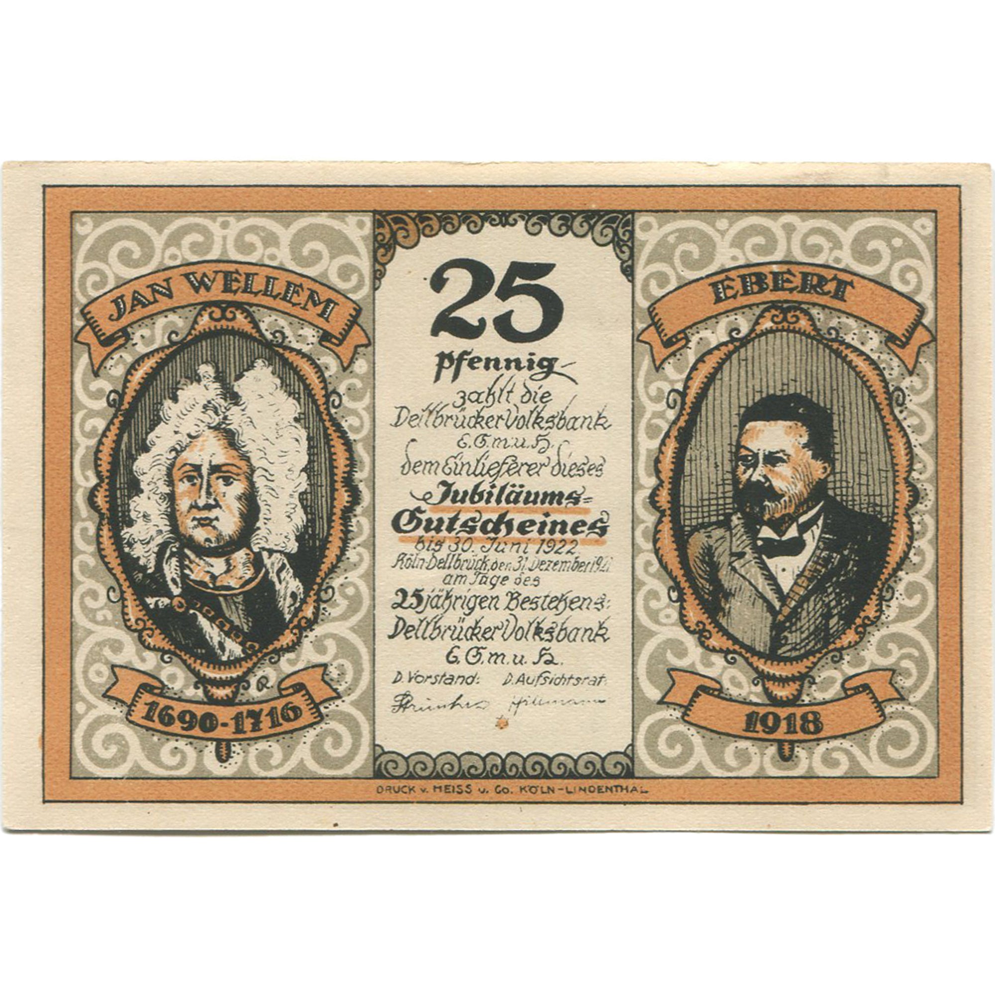 Geldschein, Deutschland, Köln, 25 Pfennig, Maison, 1922, UNZ-, Mehl:719.1b