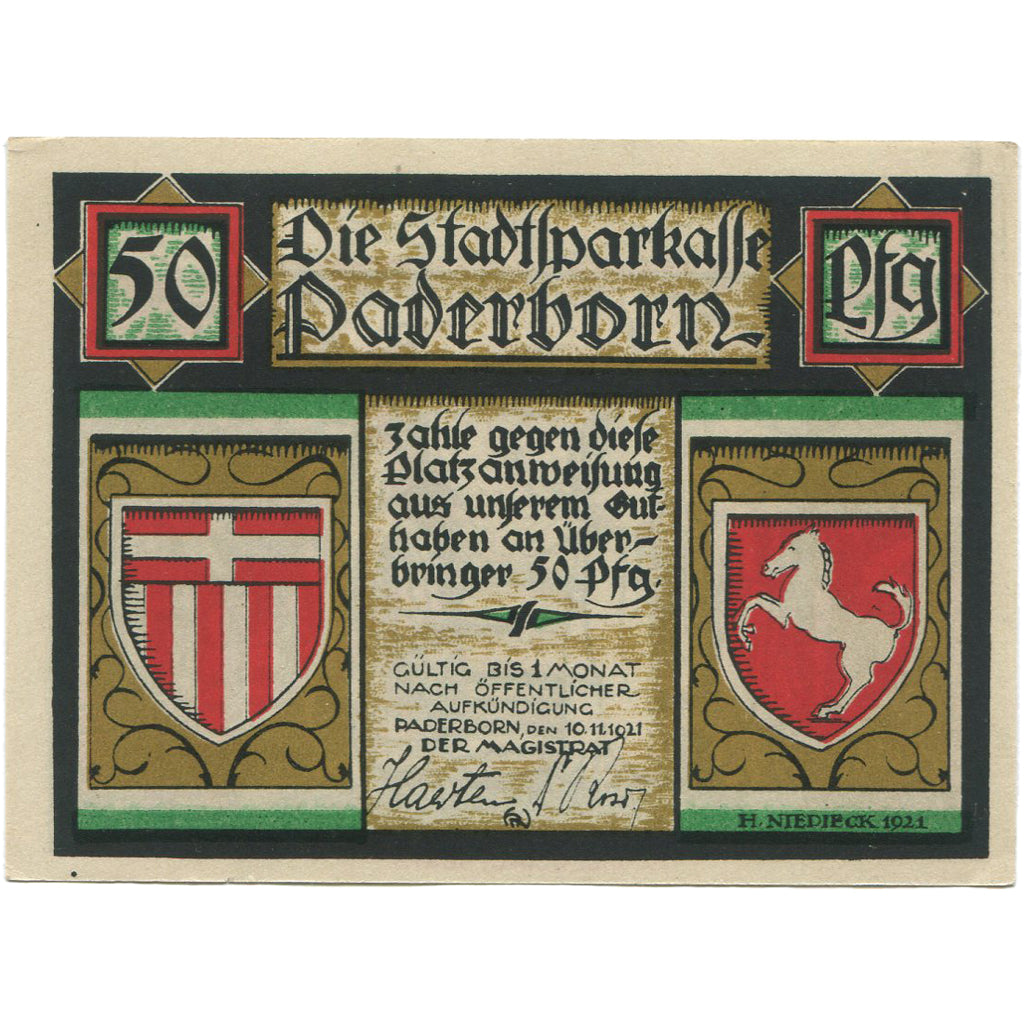 Banknot, Niemcy, Paderborn, 50 Pfennig, Blason, 1921 UNC(63) Mehl:1043.2