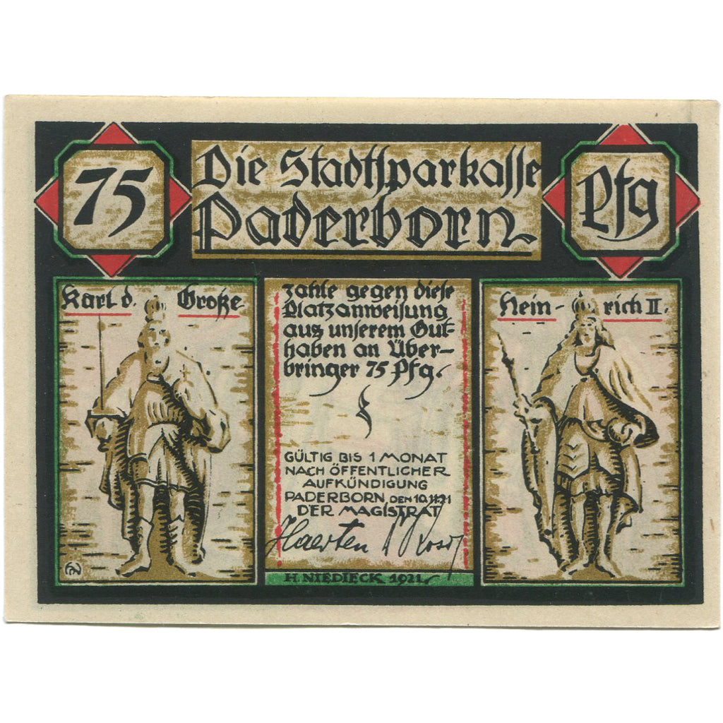Banknot, Niemcy, Paderborn, 75 Pfennig, roi, 1921 UNC(63) Mehl:1043.2