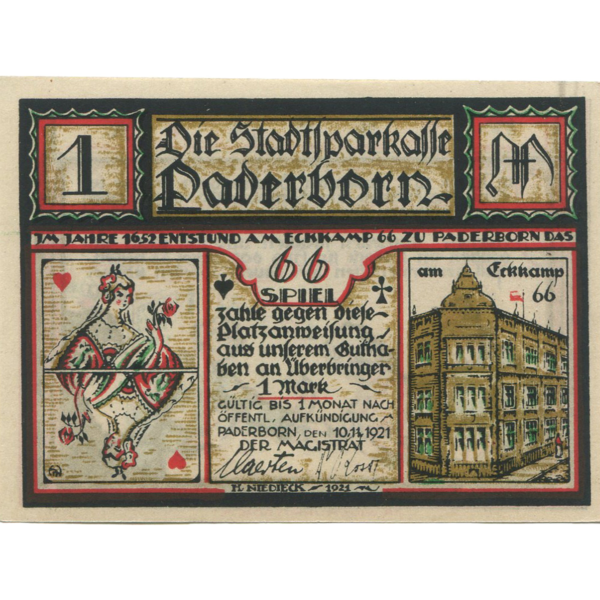 Banknot, Niemcy, Paderborn, 1 Mark, jeu, 1921, 1921-11-10, UNC(63), Mehl:1043.2