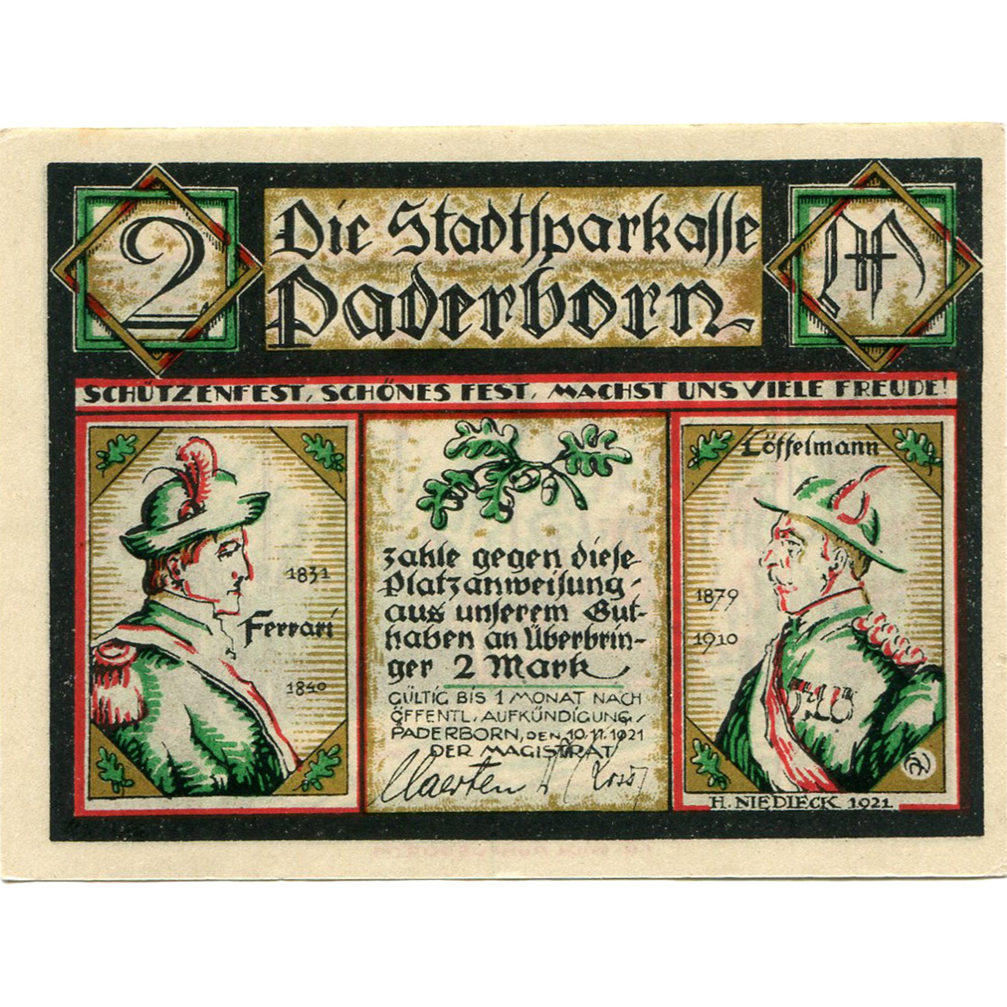 Banknot, Niemcy, Paderborn, 2 Mark, roi, 1921, 1921-11-10, UNC(63), Mehl:1043.2