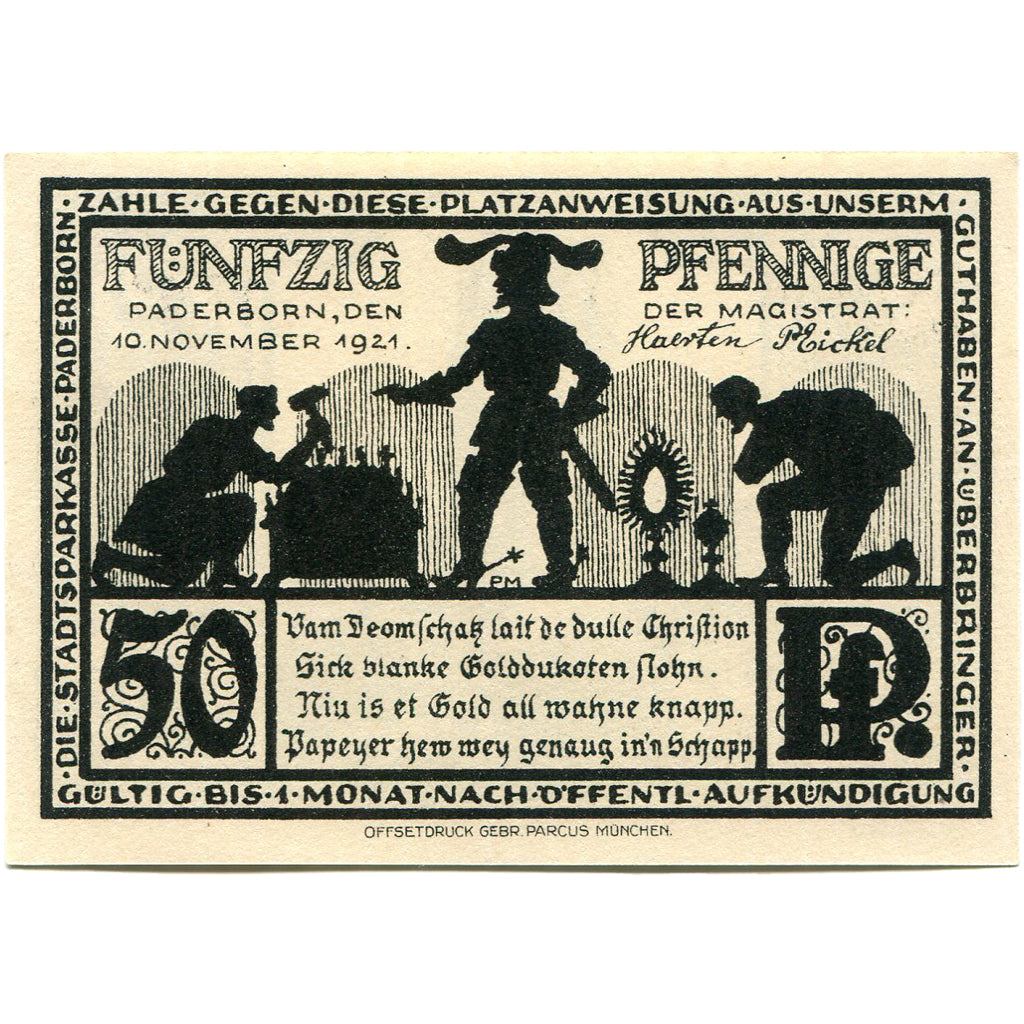 Banconote, Germania, Paderborn, 50 Pfennig, personnage, 1921 SPL Mehl:1043.4