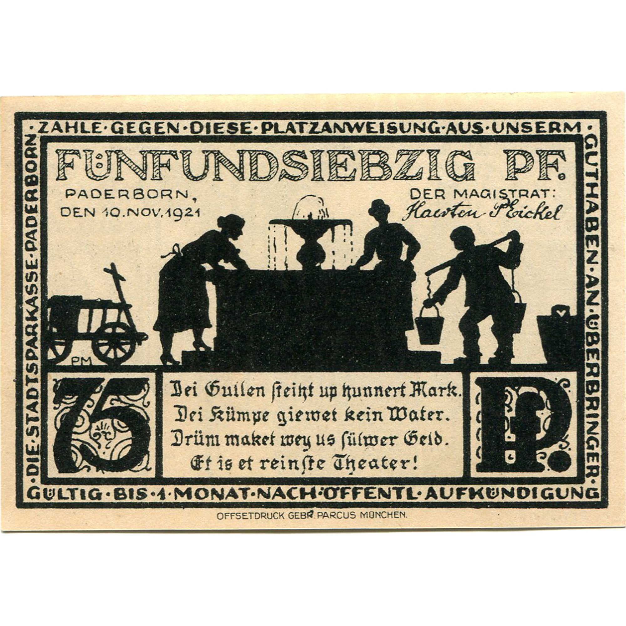 Banknot, Niemcy, Paderborn, 75 Pfennig, rue, 1921 UNC(63) Mehl:1043.4