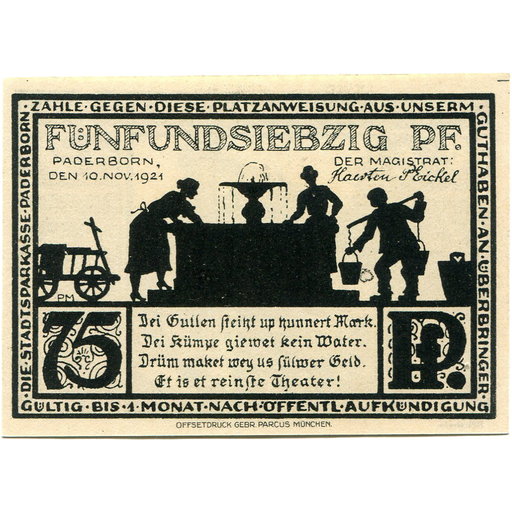 Banconote, Germania, Paderborn, 75 Pfennig, Batiment 1921-11-10, SPL Mehl:1043.4