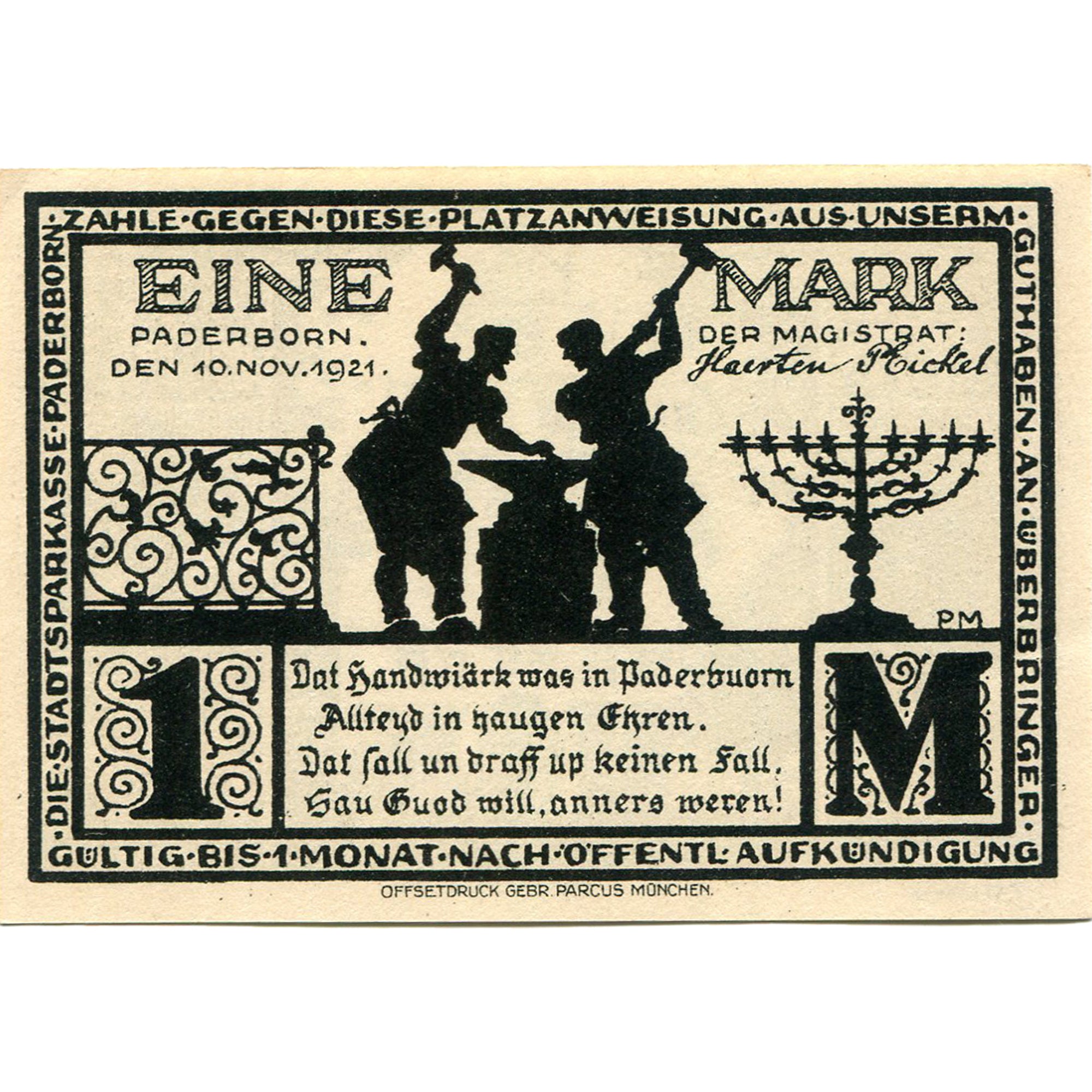Banknot, Niemcy, Paderborn, 1 Mark, mairie 1921-11-10, UNC(63) Mehl:1043.4