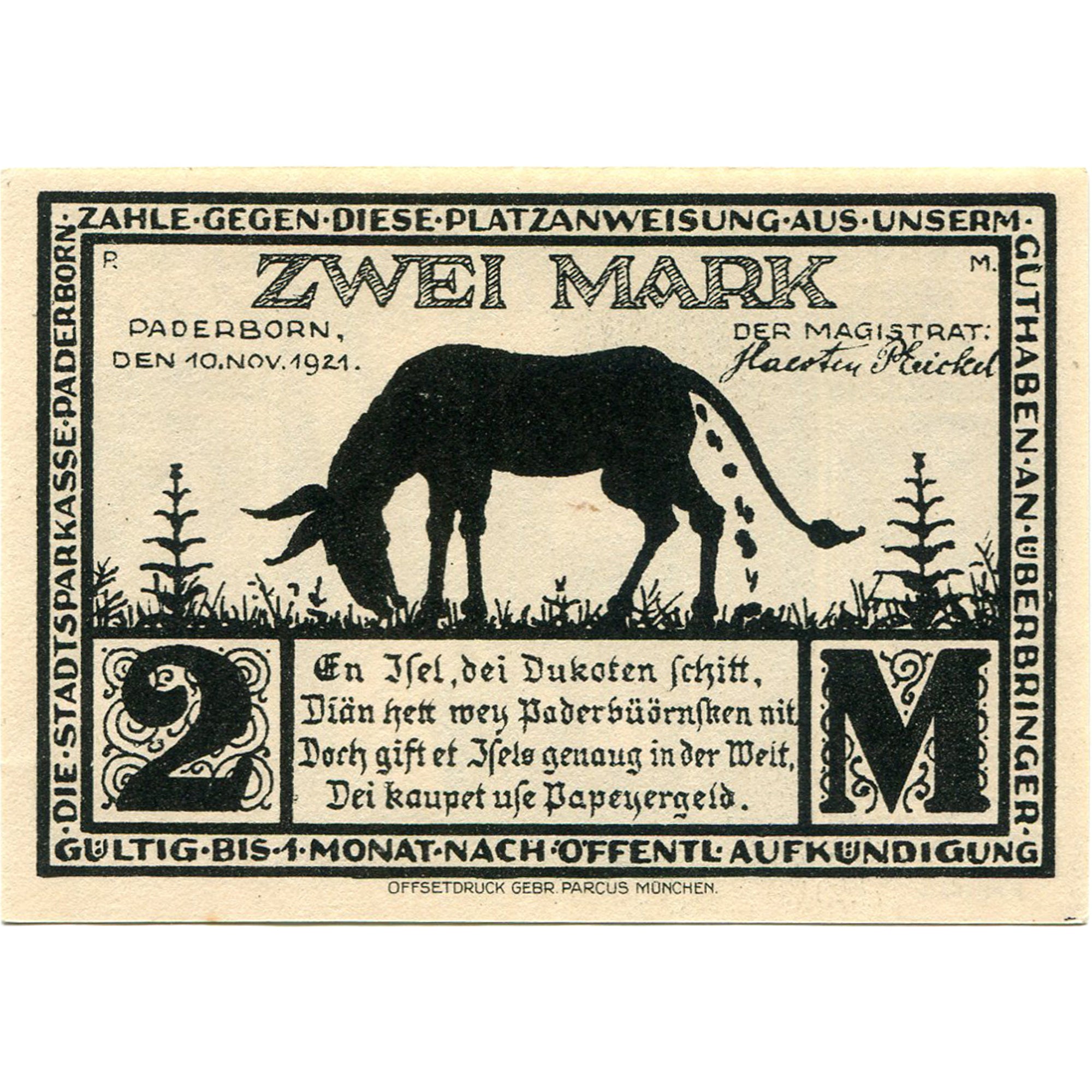 Banknot, Niemcy, Paderborn, 2 Mark, village 1921-11-10, UNC(63) Mehl:1043.4