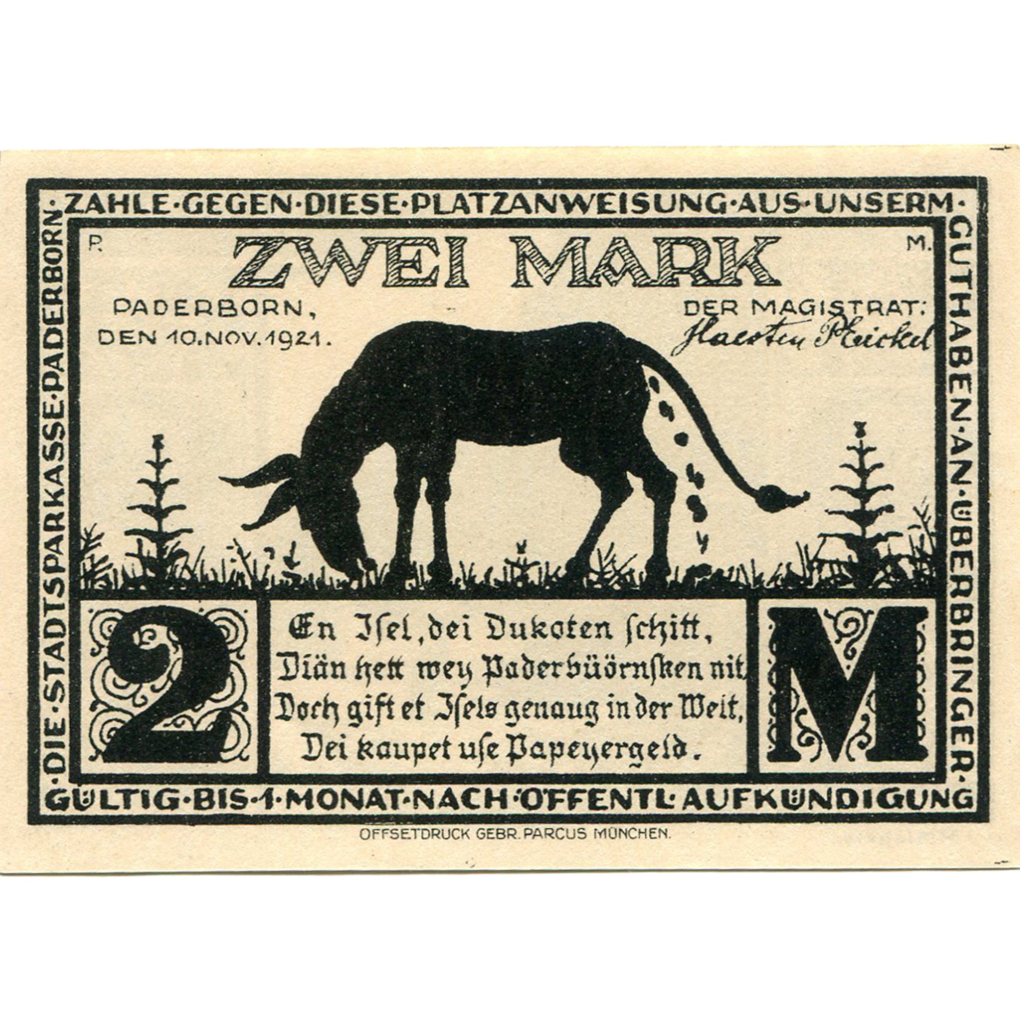 Banknot, Niemcy, Paderborn, 2 Mark, ferme1921-11-10, UNC(63) Mehl:1043.4