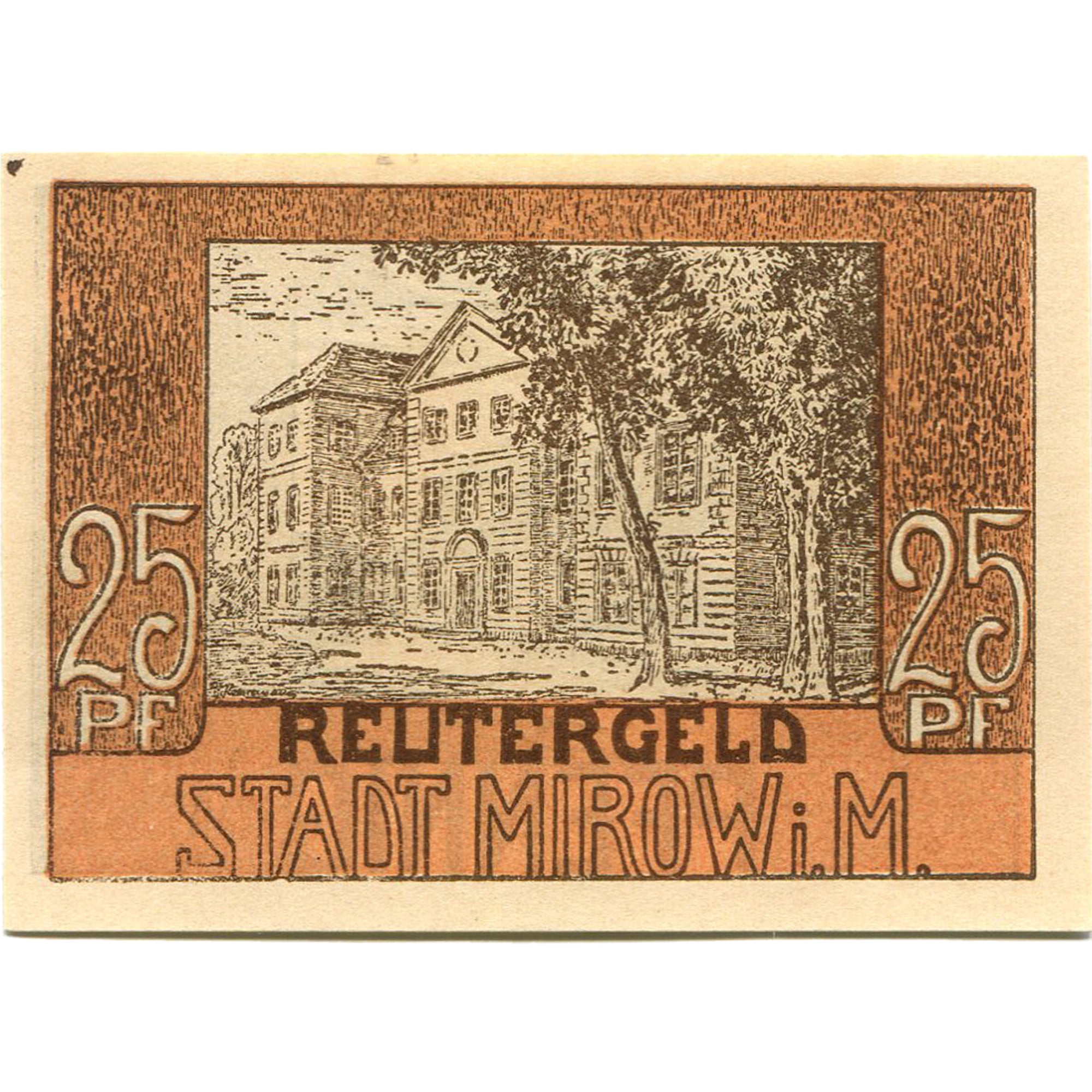 Banknot, Niemcy, Mirow, 25 Pfennig, mairie 1922-05-31, UNC(63) Mehl:889.1
