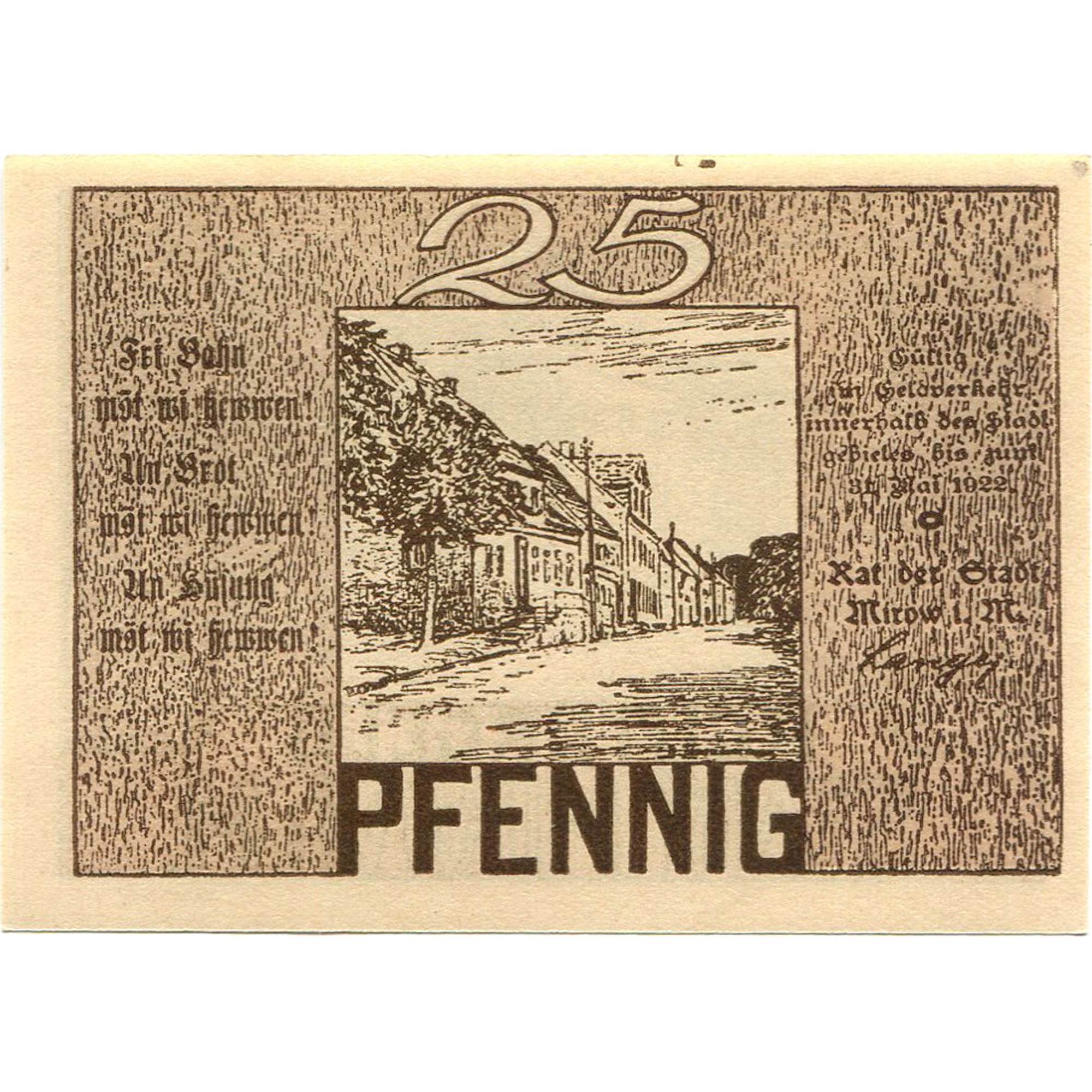 Banknot, Niemcy, Mirow, 25 Pfennig, mairie 1922-05-31, UNC(63) Mehl:889.1