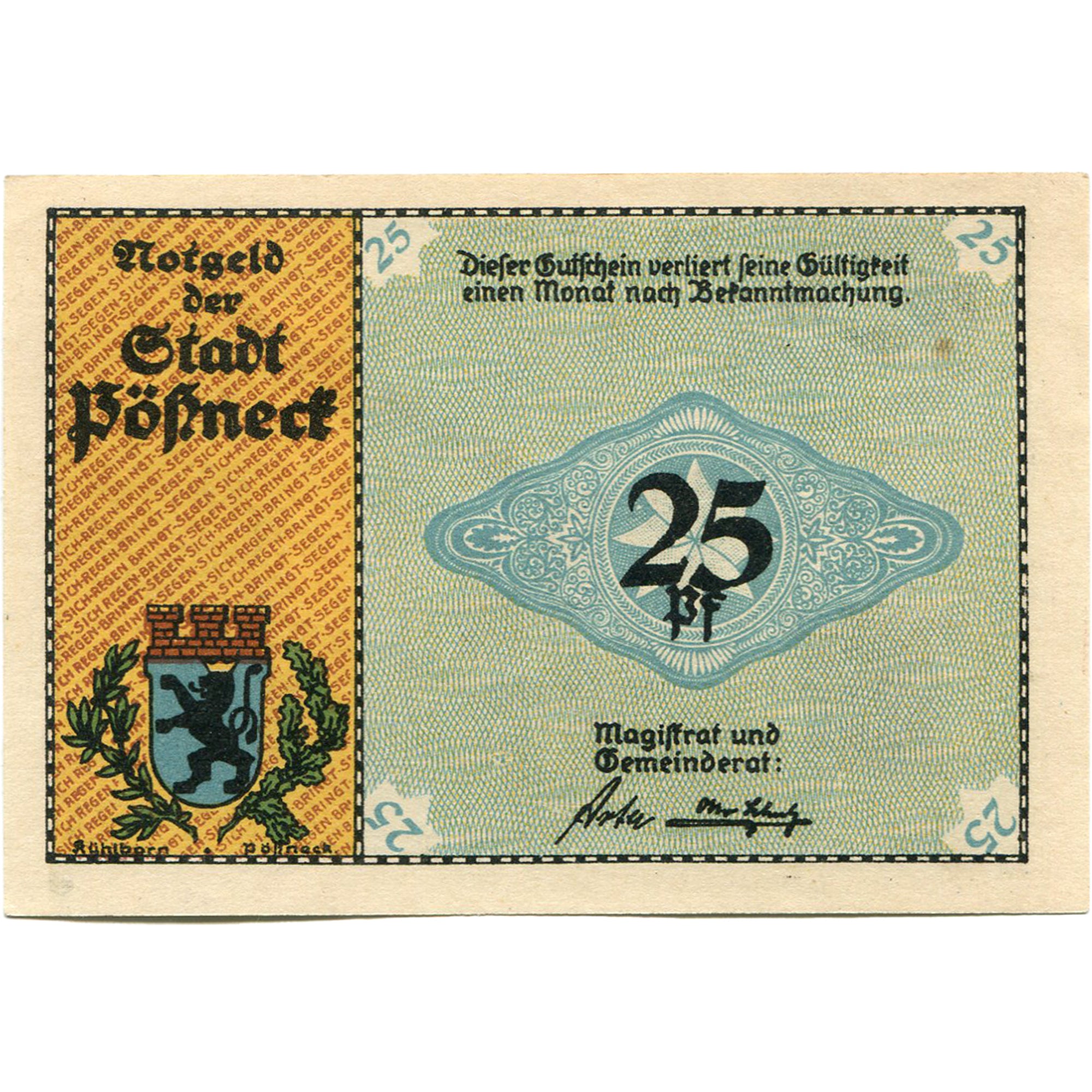 Banknot, Niemcy, Possneck, 25 Pfennig, Rivière, 1921, UNC(63), Mehl:1066.6
