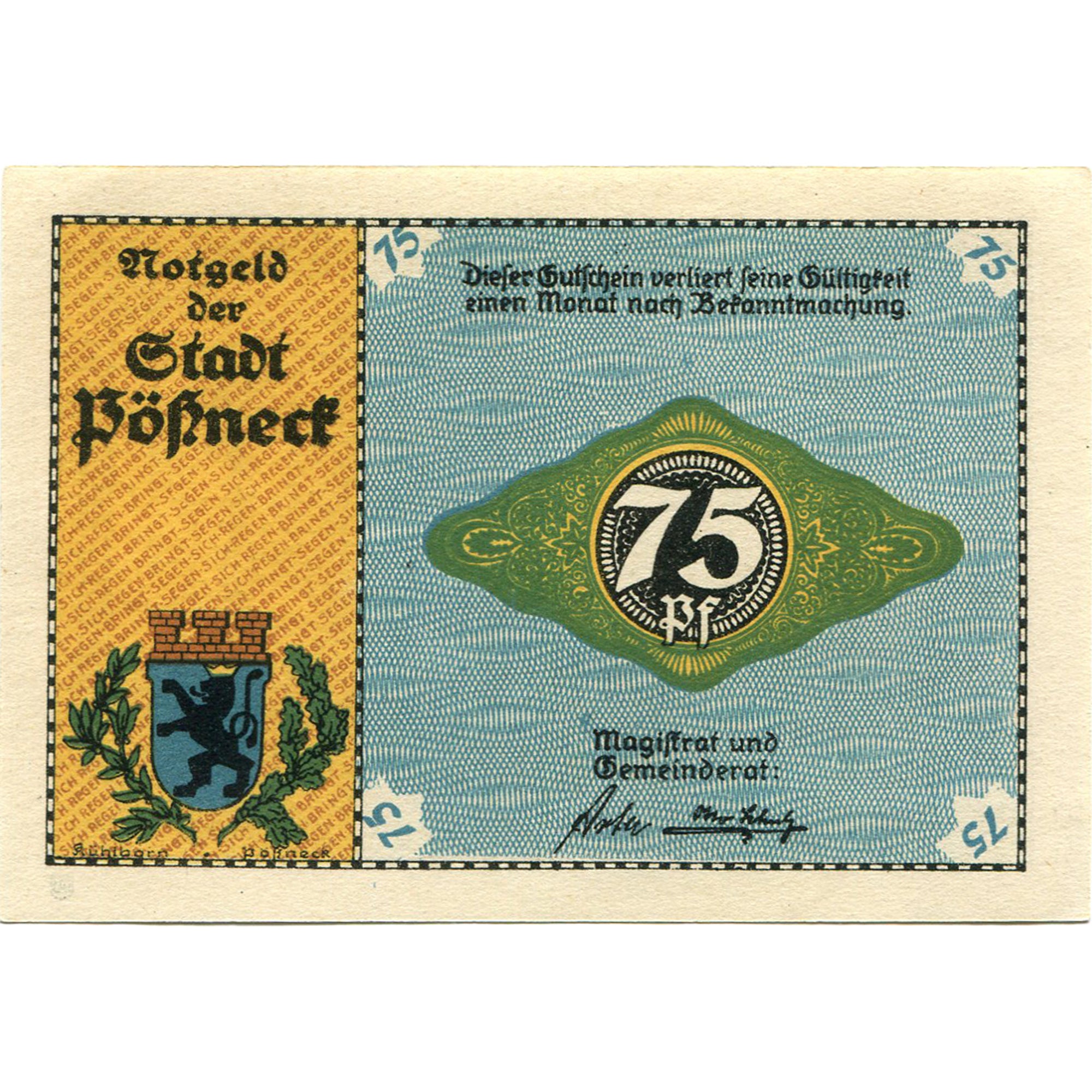 Nota, Alemanha, Possneck, 75 Pfennig, tisseur, 1921, UNC(63), Mehl:1066.6