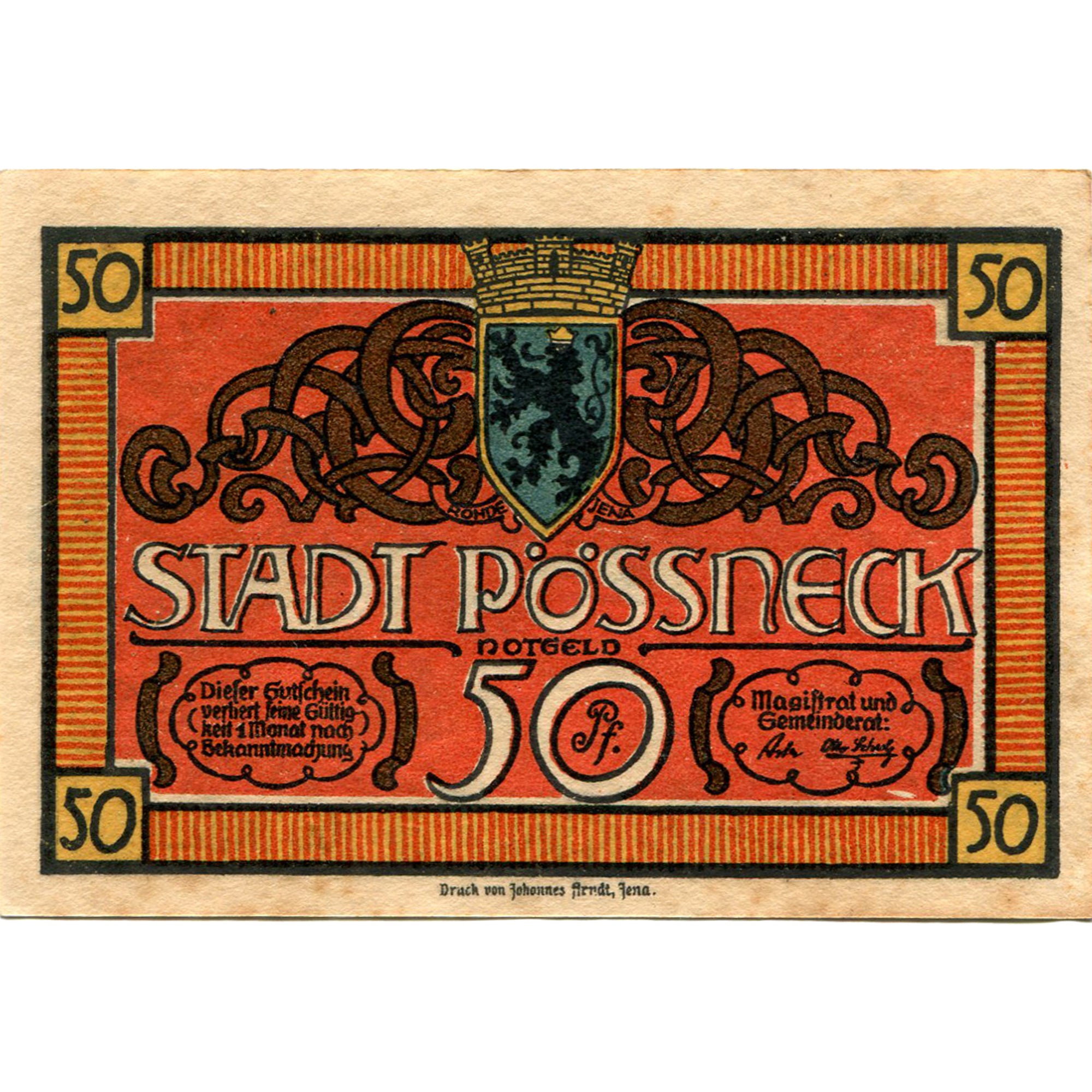 Geldschein, Deutschland, Possneck, 50 Pfennig, statue, 1921, VZ, Mehl:1066.1