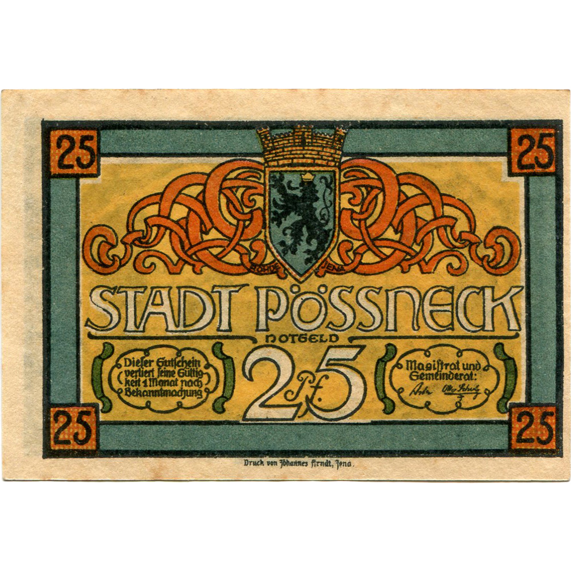 Banknot, Niemcy, Possneck, 25 Pfennig, personnage, 1921, AU(55-58), Mehl:1066.2