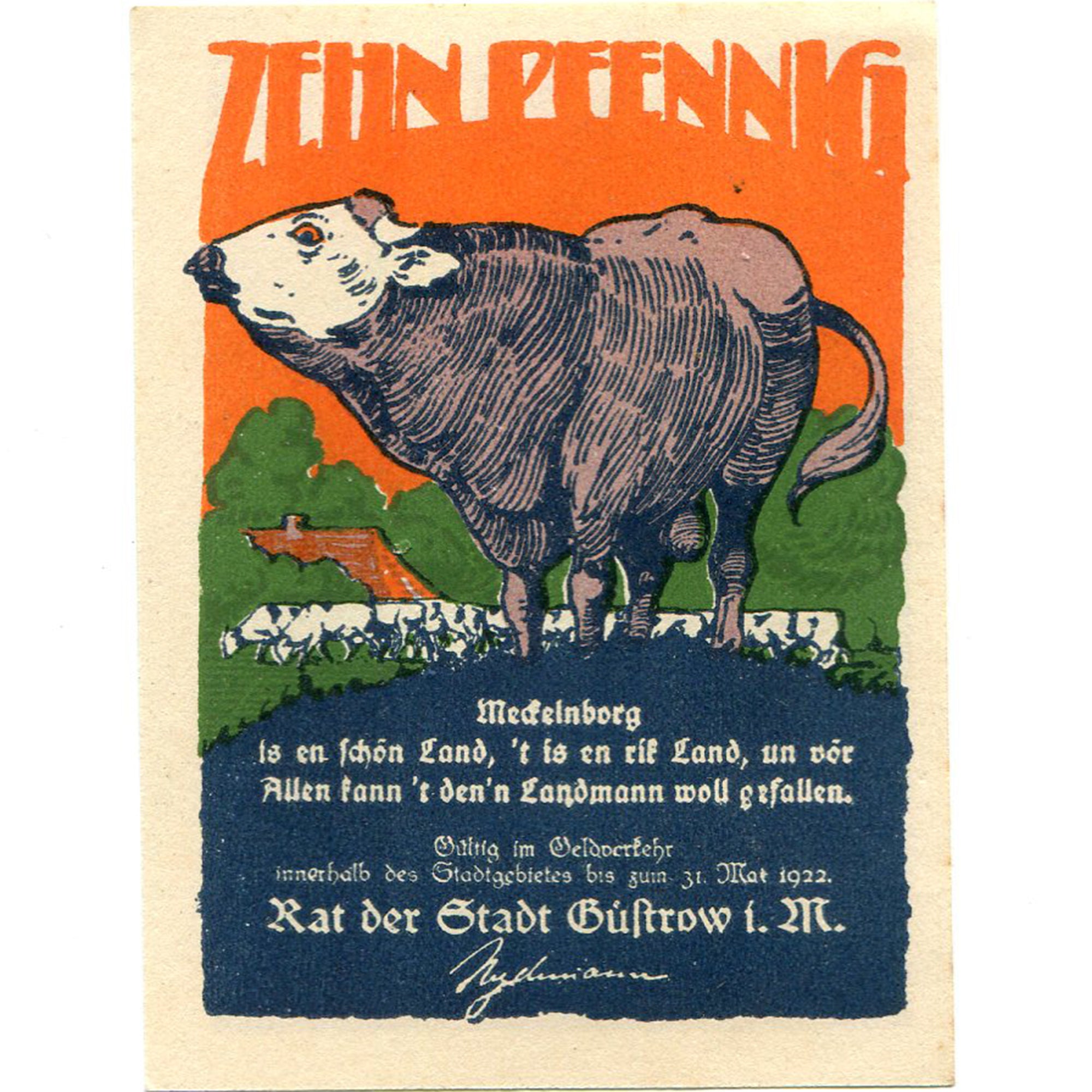 Geldschein, Deutschland, Gustrow, 10 Pfennig, vache 1922-05-31, UNZ- Mehl:495.1