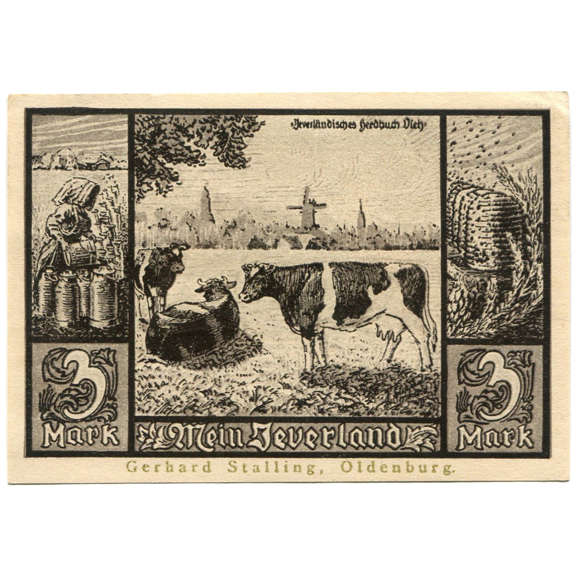 Banconote, Germania, Jever, 3 Mark, Vaches, 1922, SPL, Mehl:661a.1