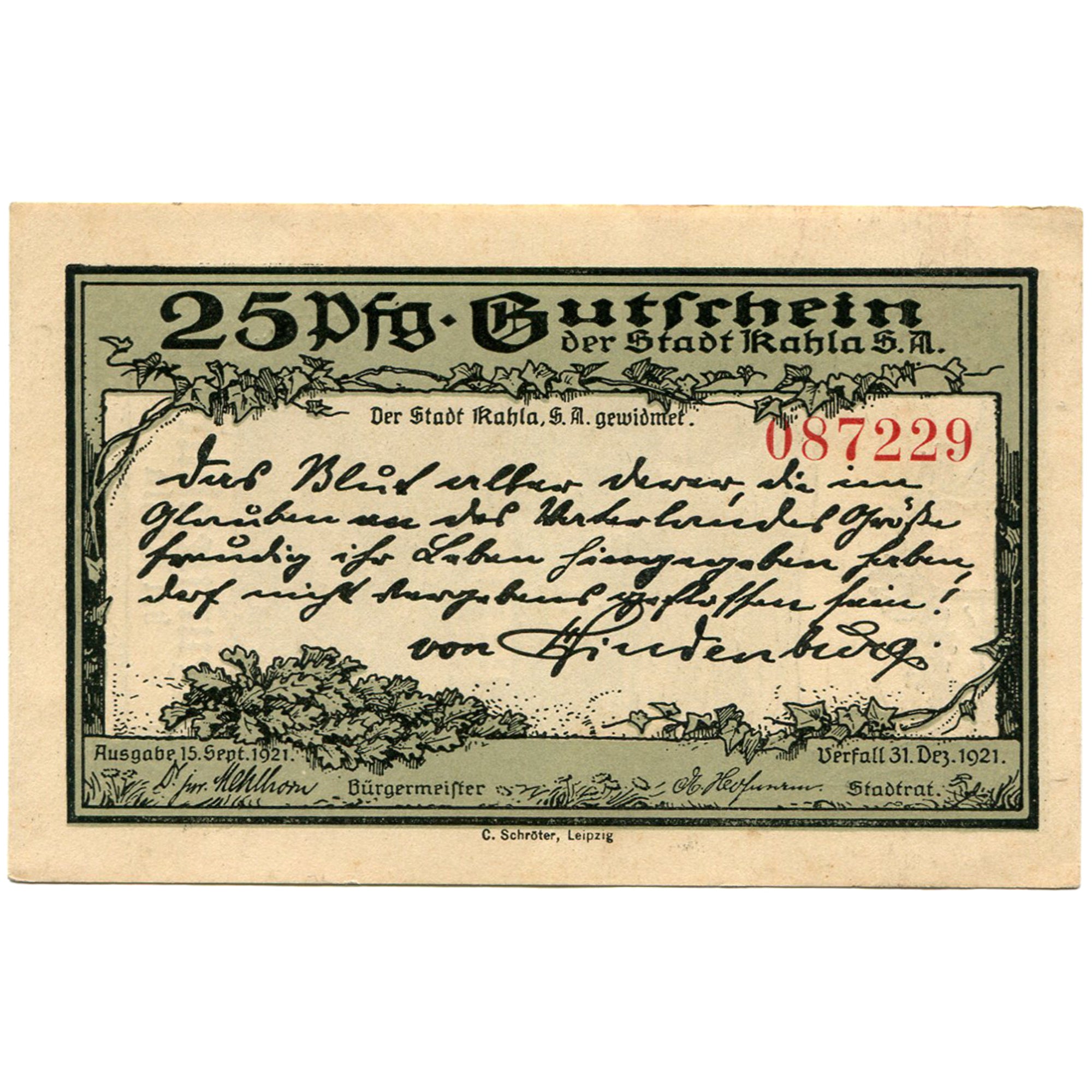 Geldschein, Deutschland, Kahla, 25 Pfennig, château 1921-12-31, UNZ- Mehl:668.6