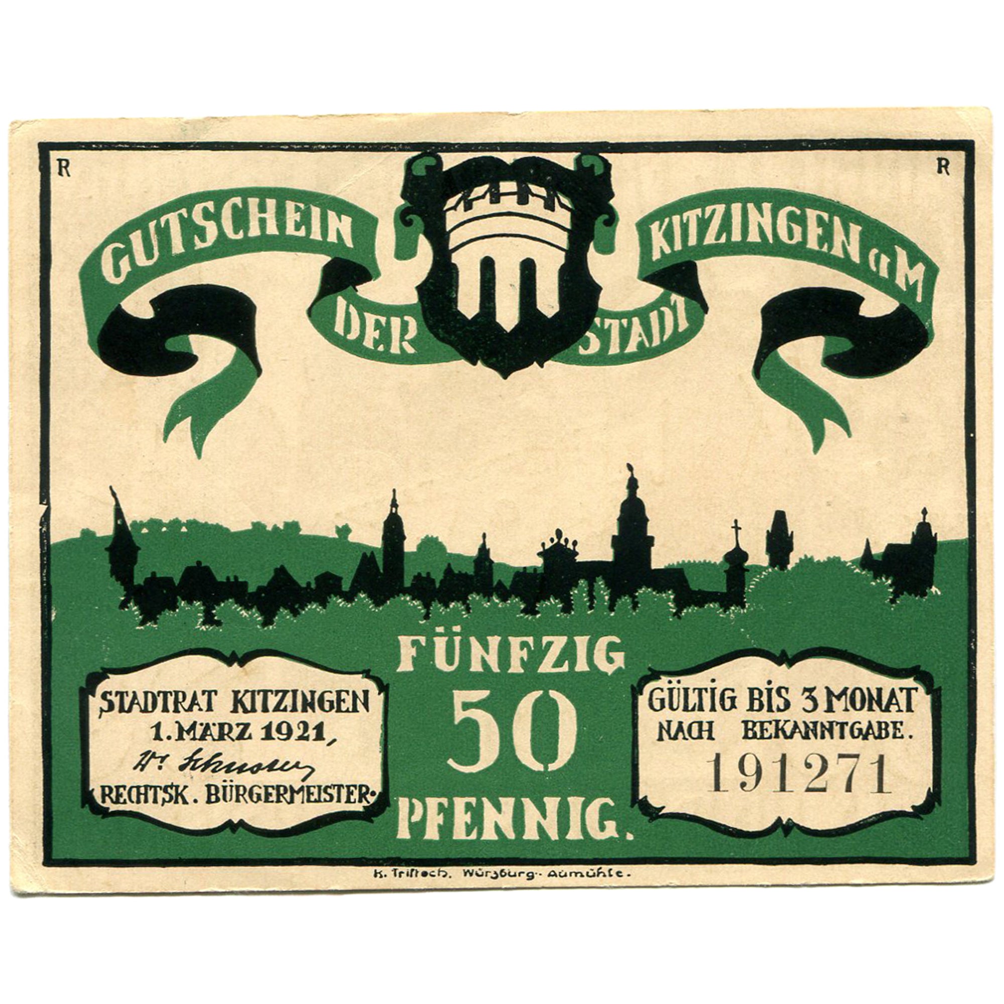 Banconote, Germania, Kitzingen, 50 Pfennig, personnage, 1921, SPL Mehl:702.1
