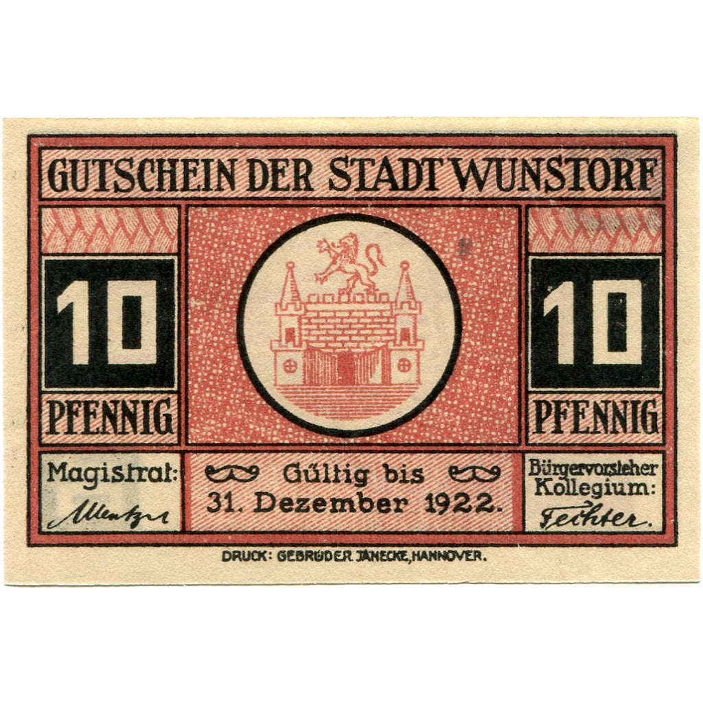 Geldschein, Deutschland, Wunstorf, 10 Pfennig, château 1922, UNZ- Mehl:1458.2