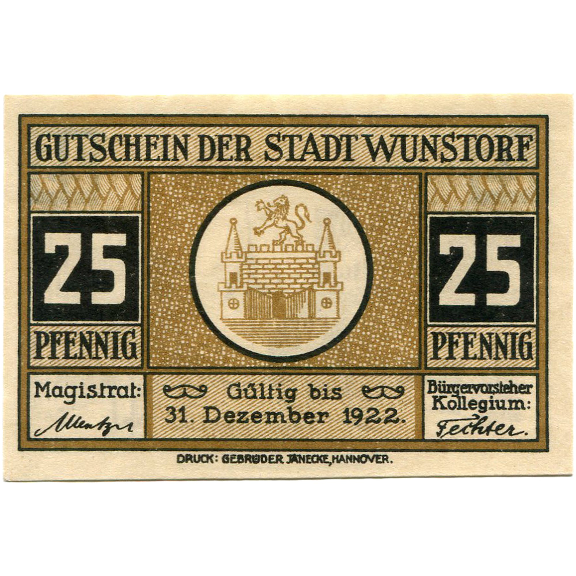 Banconote, Germania, Wunstorf, 25 Pfennig, château, 1922, SPL Mehl:1458.2
