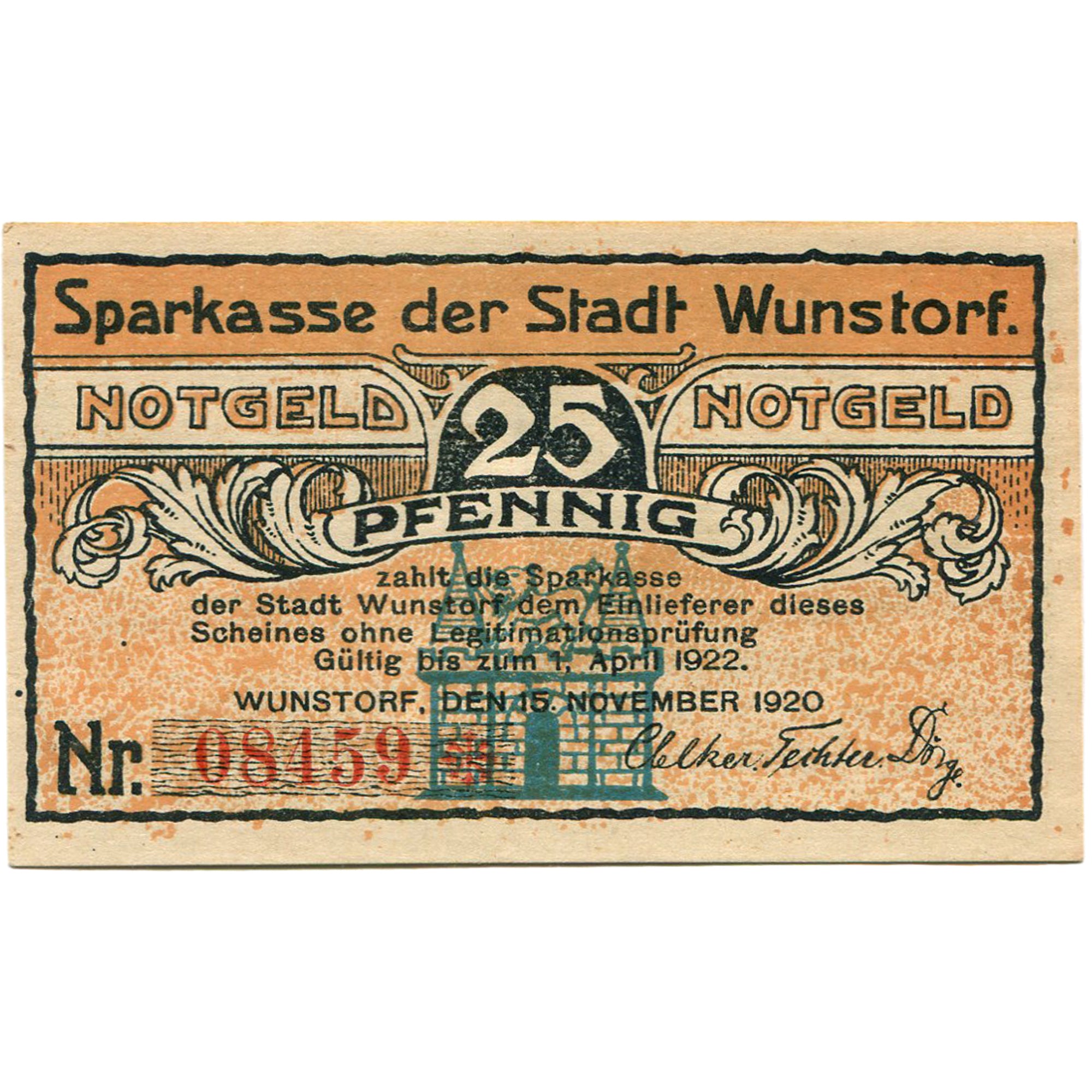 Banconote, Germania, Wunstorf, 25 Pfennig, Eglise 1922-12-31, SPL Mehl:1458.2