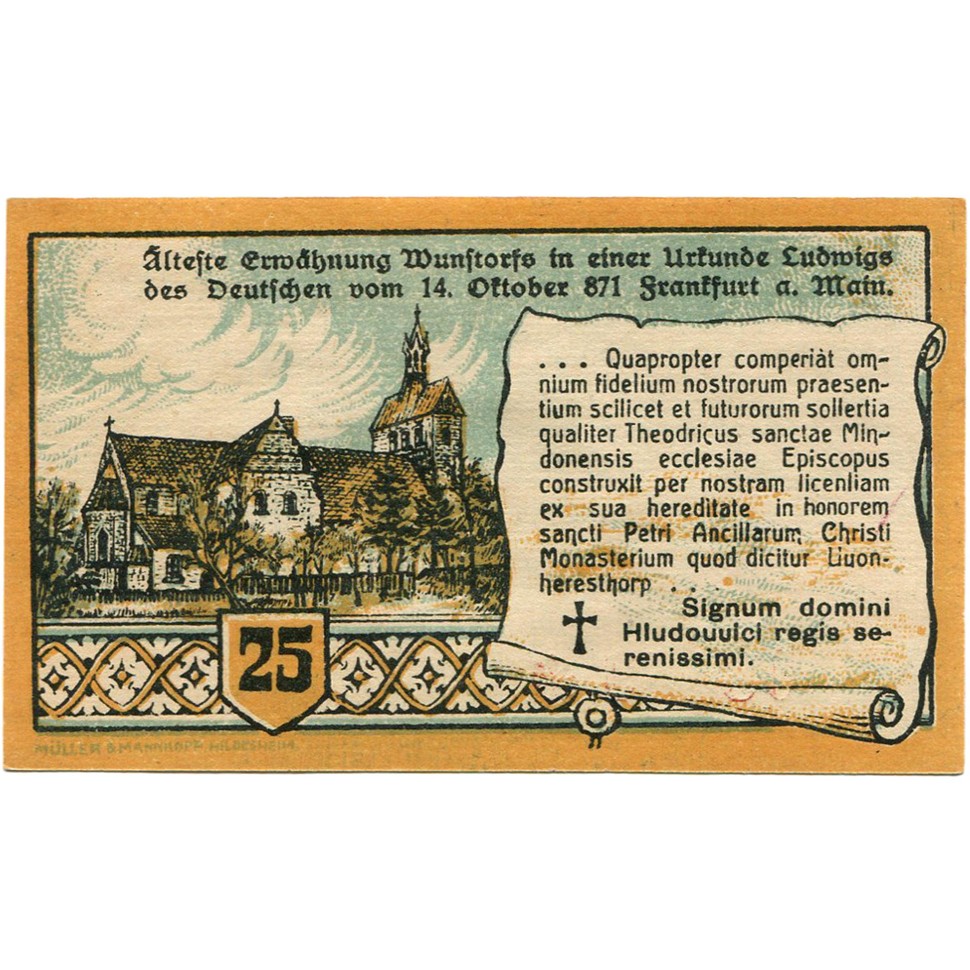 Banconote, Germania, Wunstorf, 25 Pfennig, Eglise 1922-12-31, SPL Mehl:1458.2