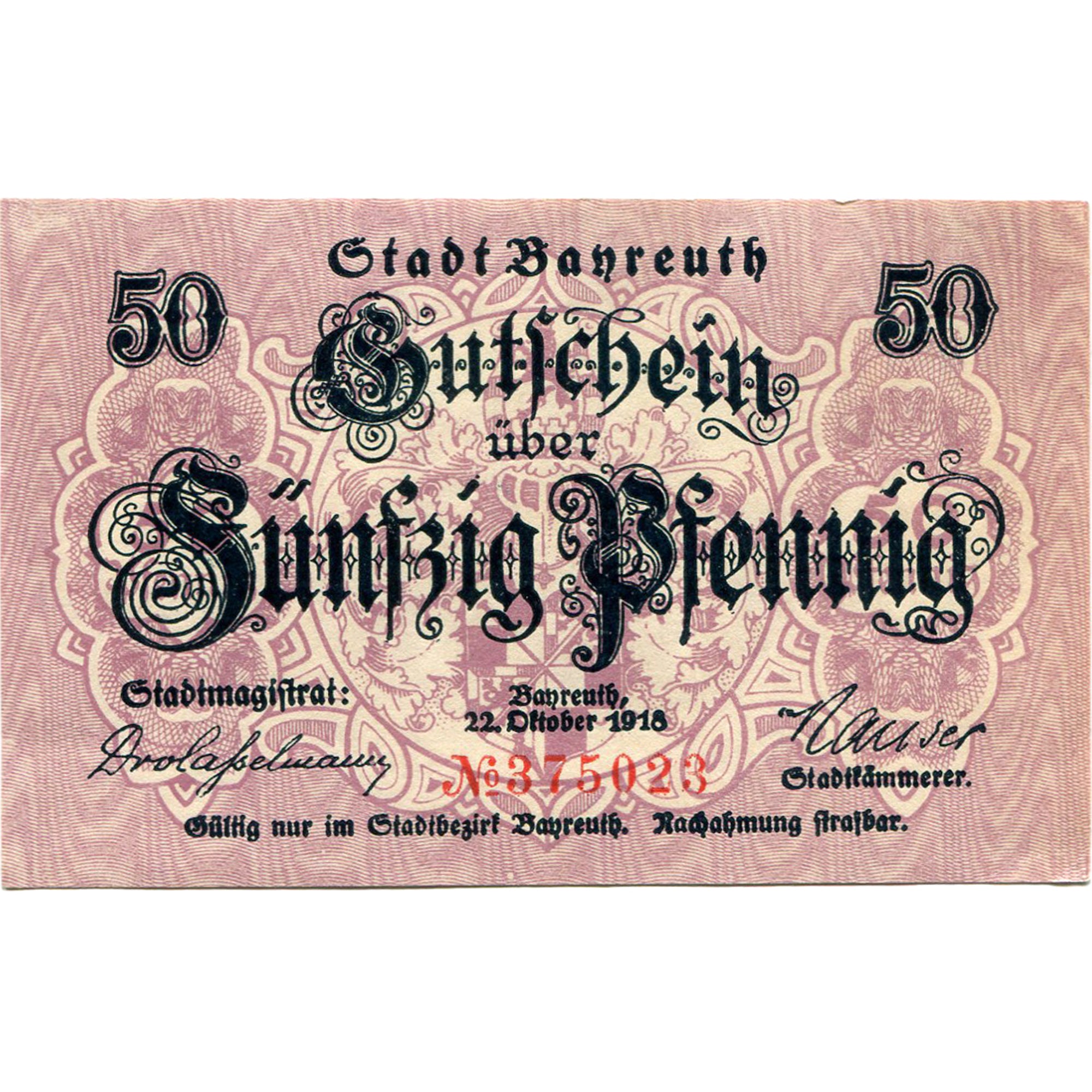 Banknot, Niemcy, Bayreuth, 50 Pfennig, château 1918-10-22, UNC(63) Mehl:B13.1