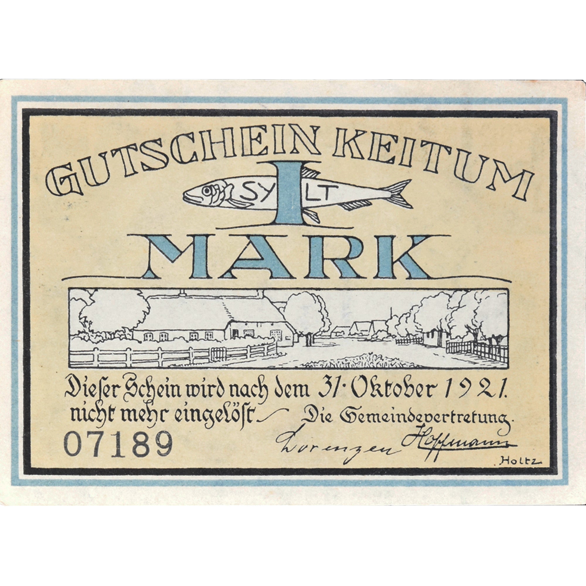 Banknot, Niemcy, Keitum, 1 Mark, ferme, 1921, 1921-10-31, UNC(63), Mehl:685.3