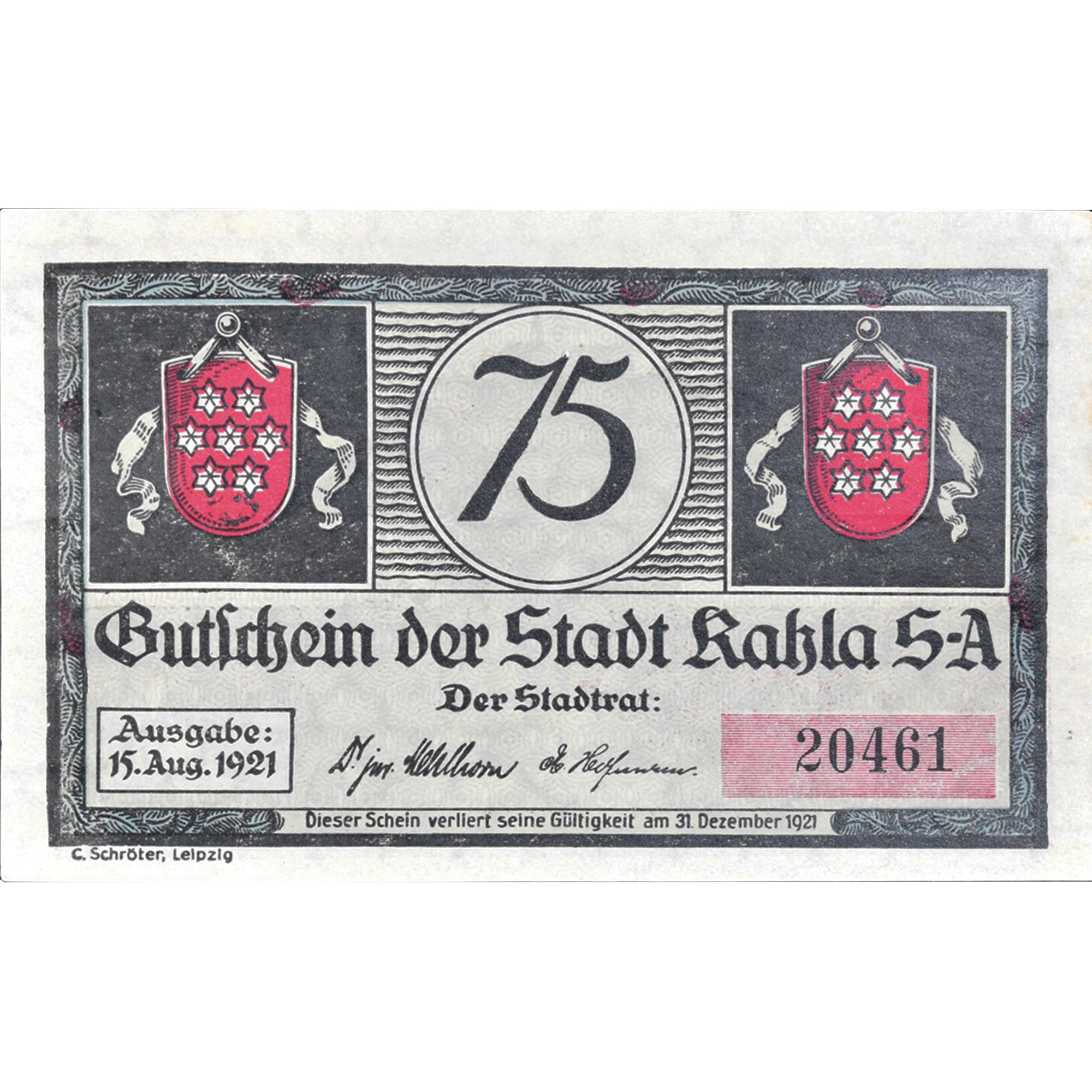 Geldschein, Deutschland, Kahla, 75 Pfennig, personnage, 1921 UNZ- Mehl:668.2