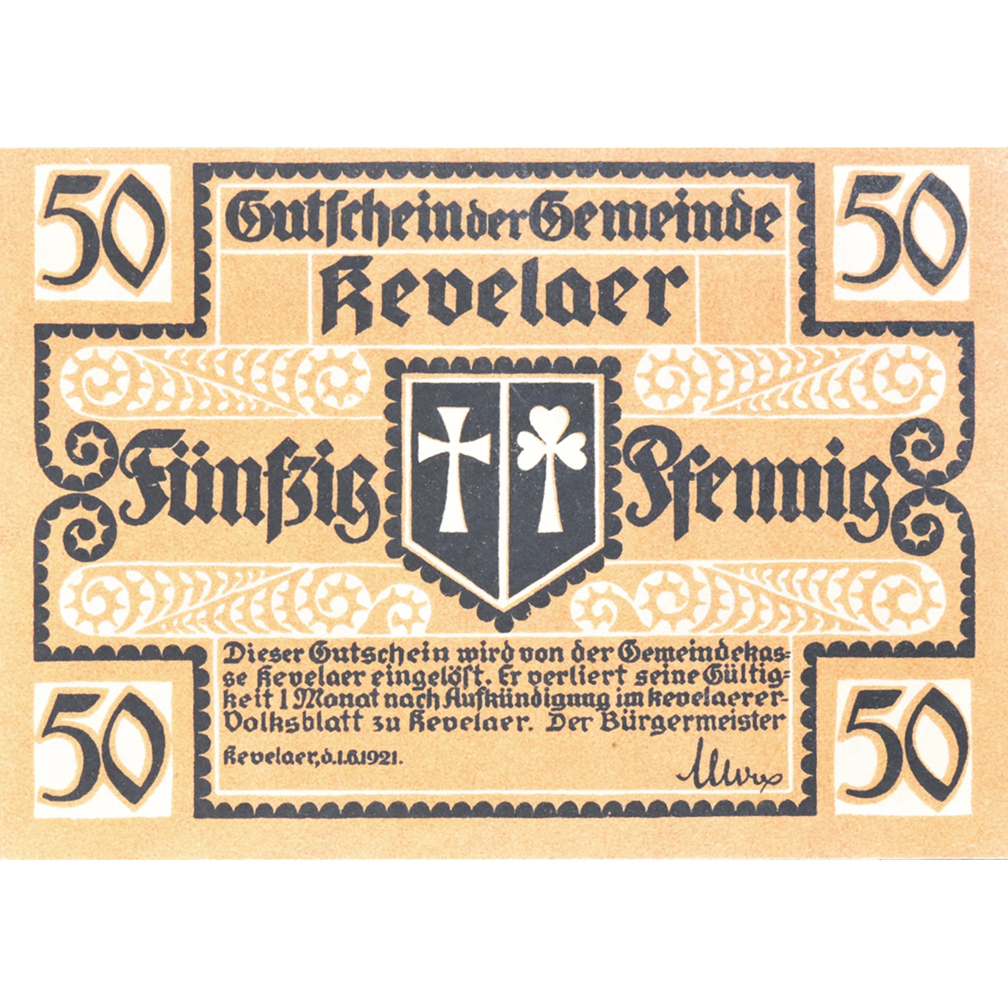 Geldschein, Deutschland, Kevelaer, 50 Pfennig, personnage, 1921 UNZ- Mehl:690.1