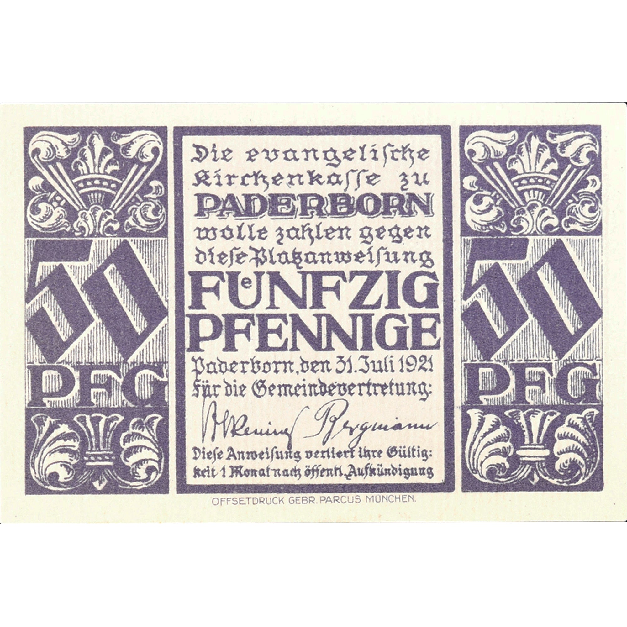 Banconote, Germania, Paderborn, 50 Pfennig, Eglise, 1921-07-31, SPL Mehl:1042.1