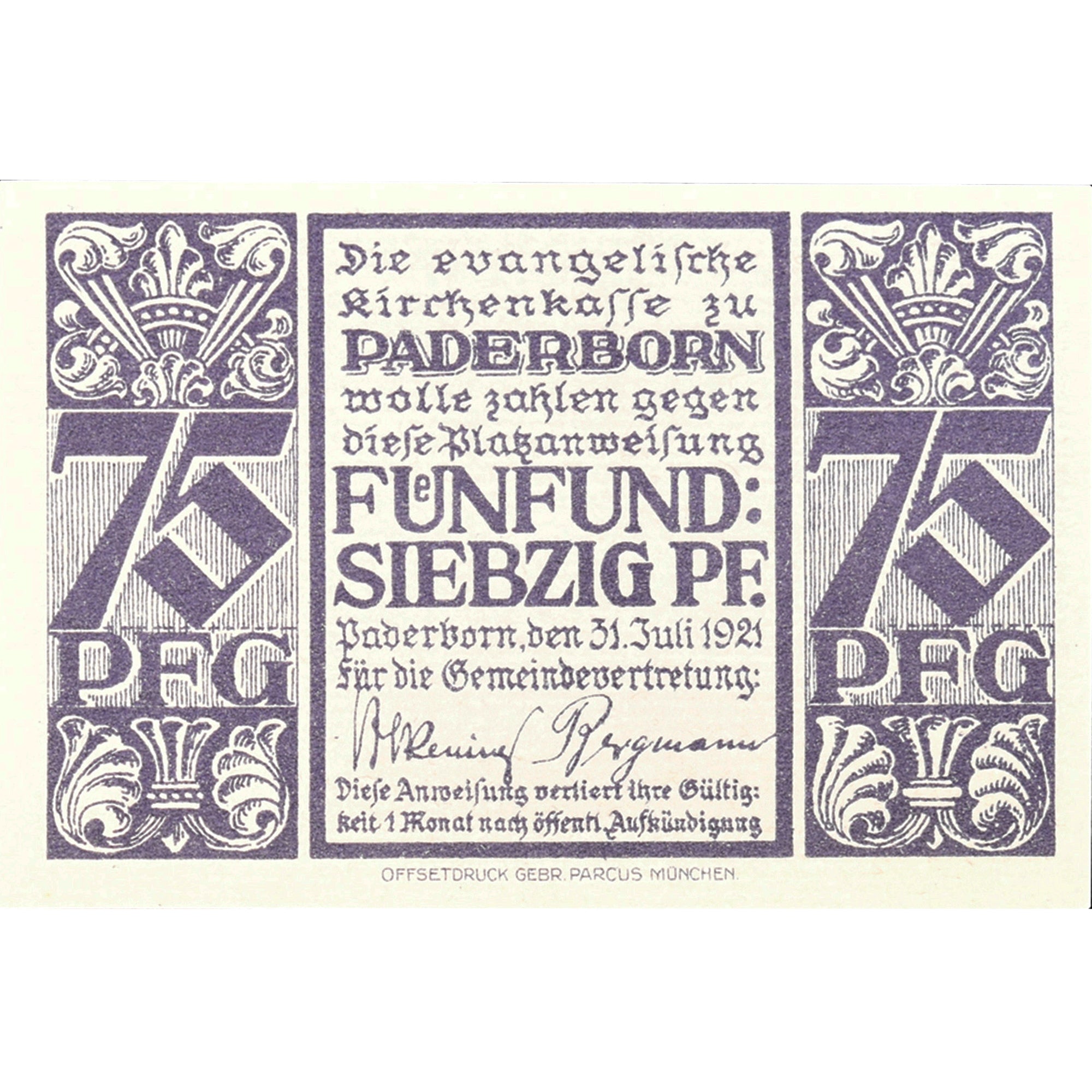 Banconote, Germania, Paderborn, 75 Pfennig, Eglise 1921-07-31, SPL Mehl:1042.1