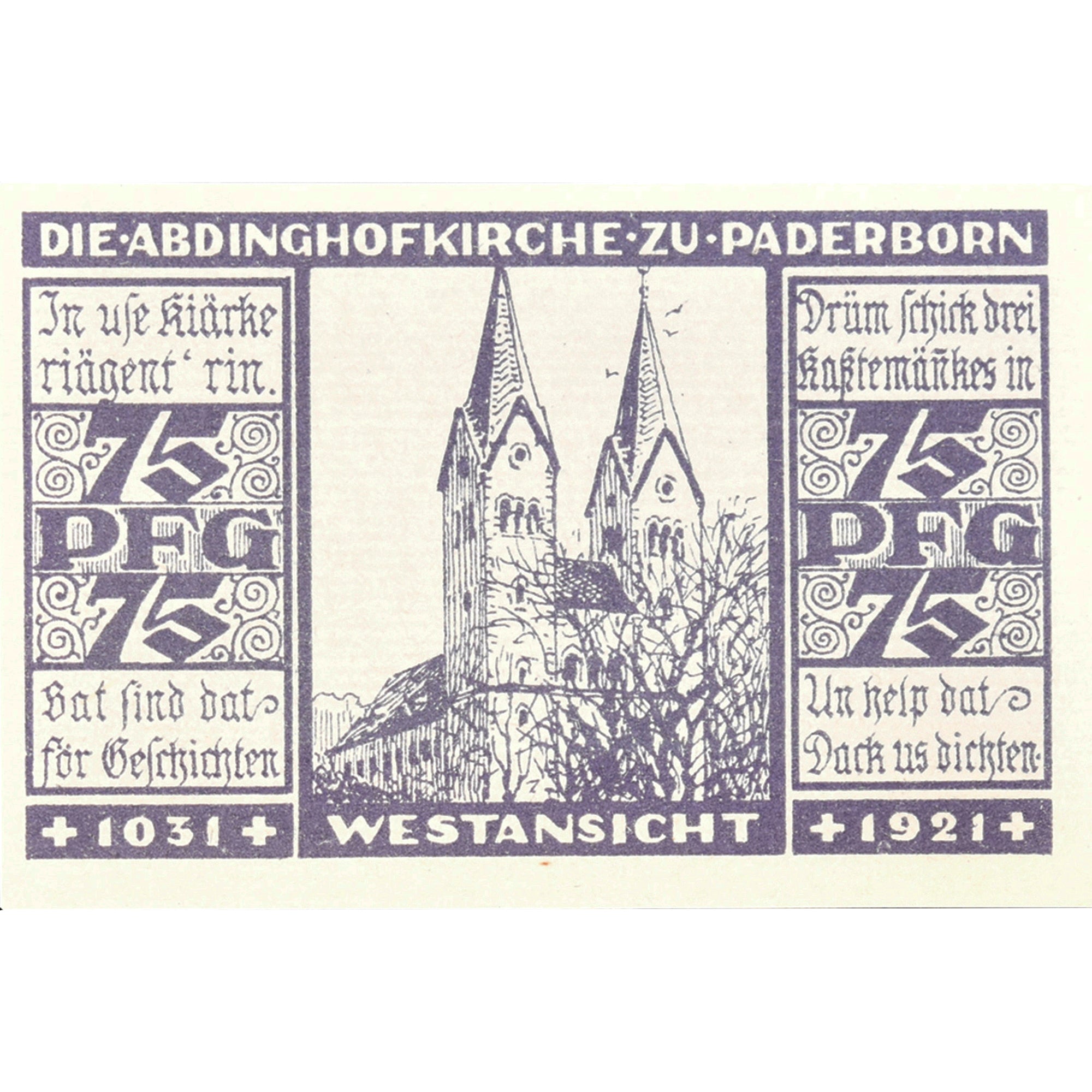 Banconote, Germania, Paderborn, 75 Pfennig, Eglise 1921-07-31, SPL Mehl:1042.1