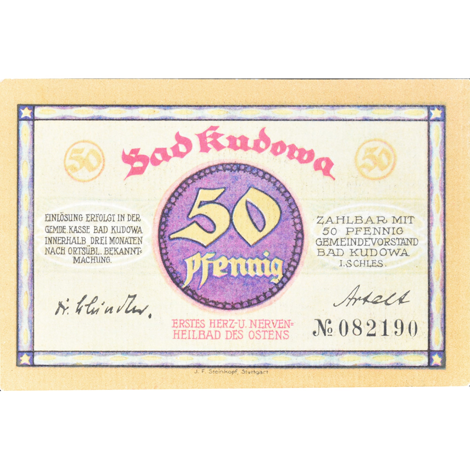 Banknot, Niemcy, Kudowa, 50 Pfennig, château, 1921, UNC(63), Mehl:748.1