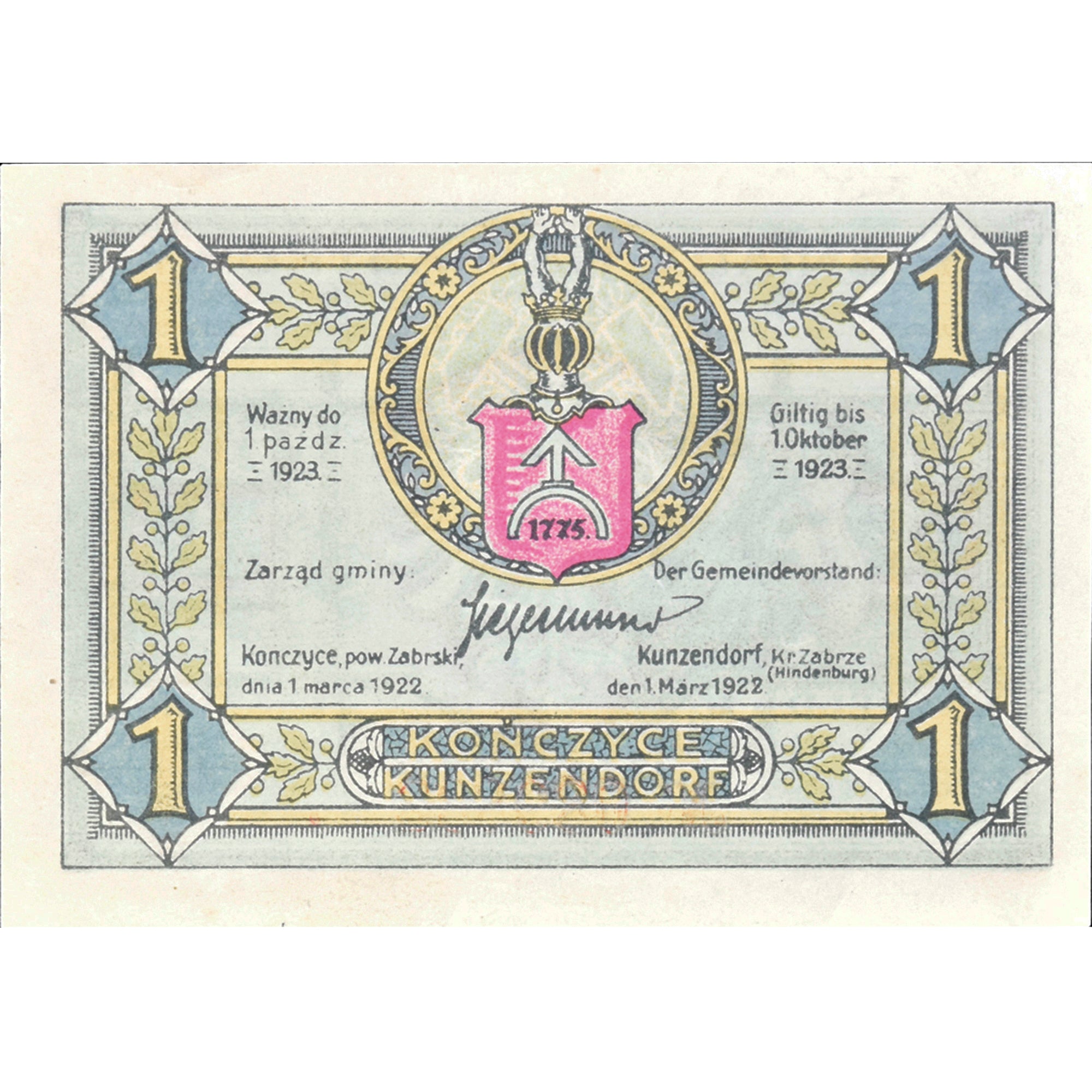 Banknot, Niemcy, Kunzendorf, 1 Mark, Blason 1922-03-01, UNC(63) Mehl:750.1