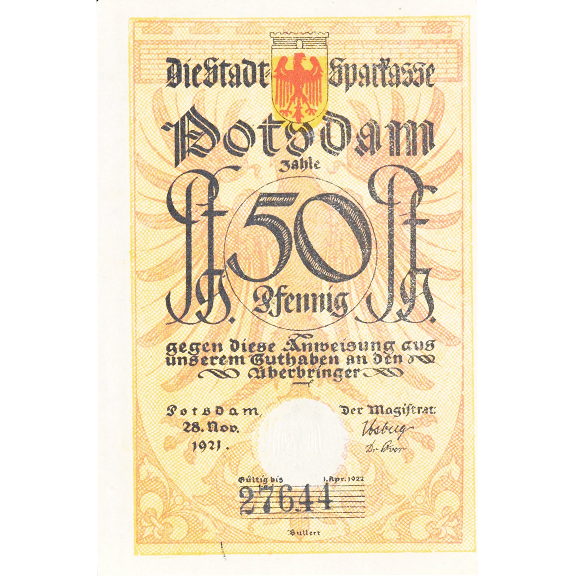 Geldschein, Deutschland, Potsdam, 50 Pfennig, cavalier, 1922 VZ Mehl:1069.1