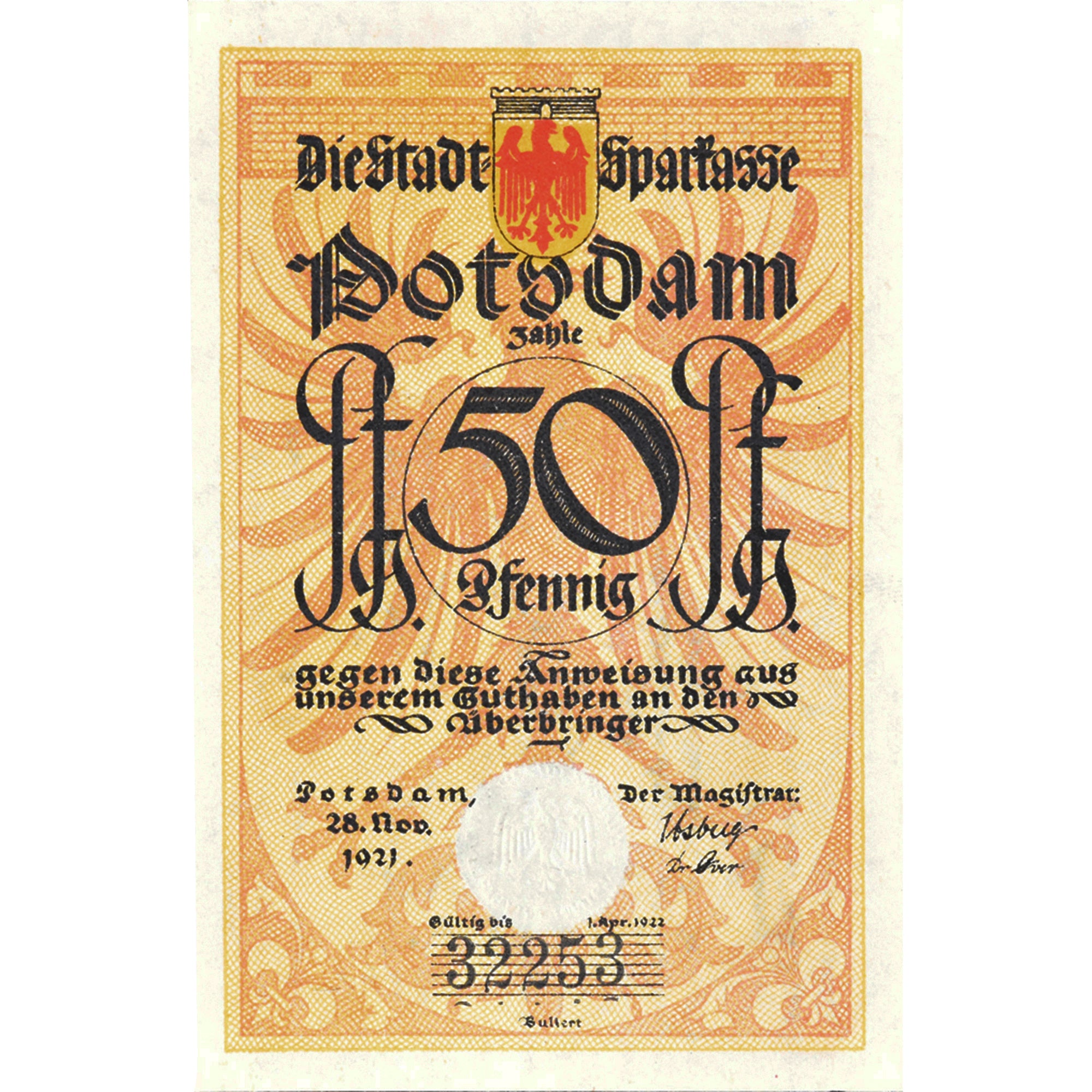 Geldschein, Deutschland, Potsdam, 50 Pfennig, armée 1922-04-01, UNZ- Mehl:1069.1