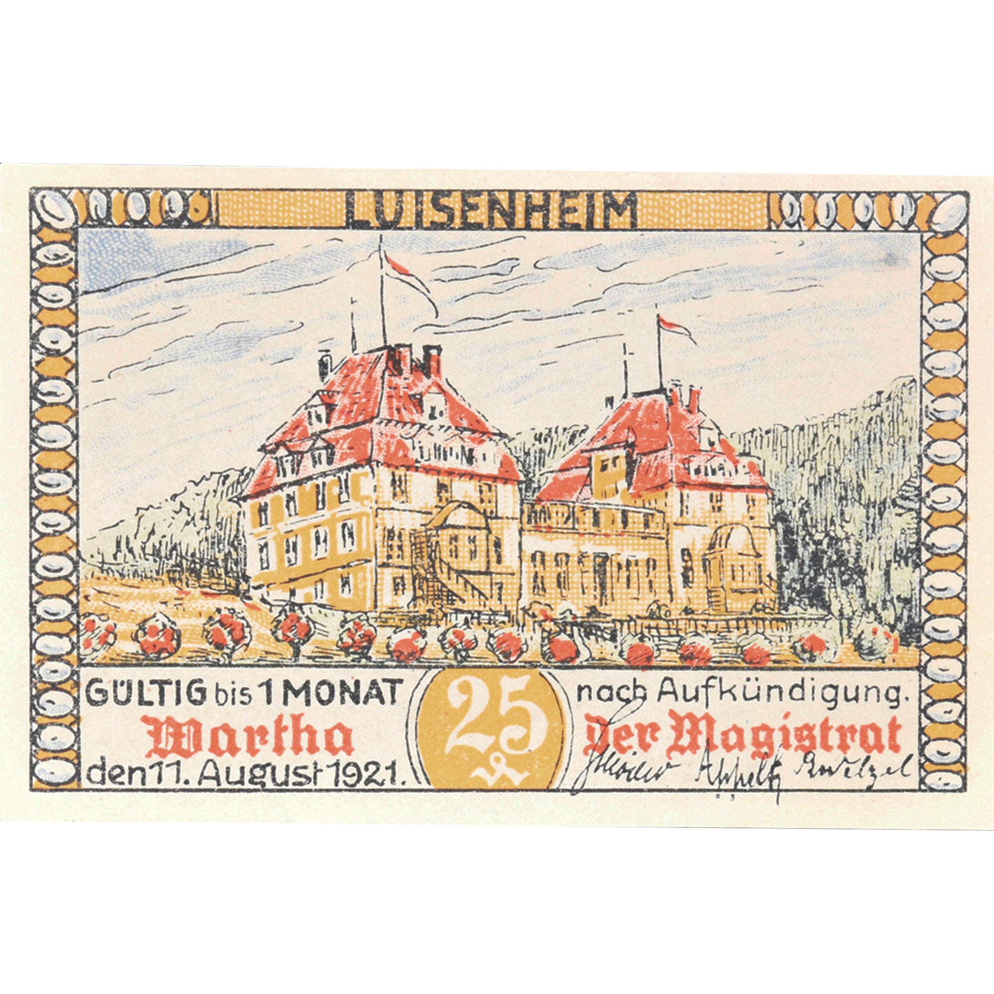Banknot, Niemcy, Wartha, 25 Pfennig, château, 1921, 1921-08-11, UNC(63)