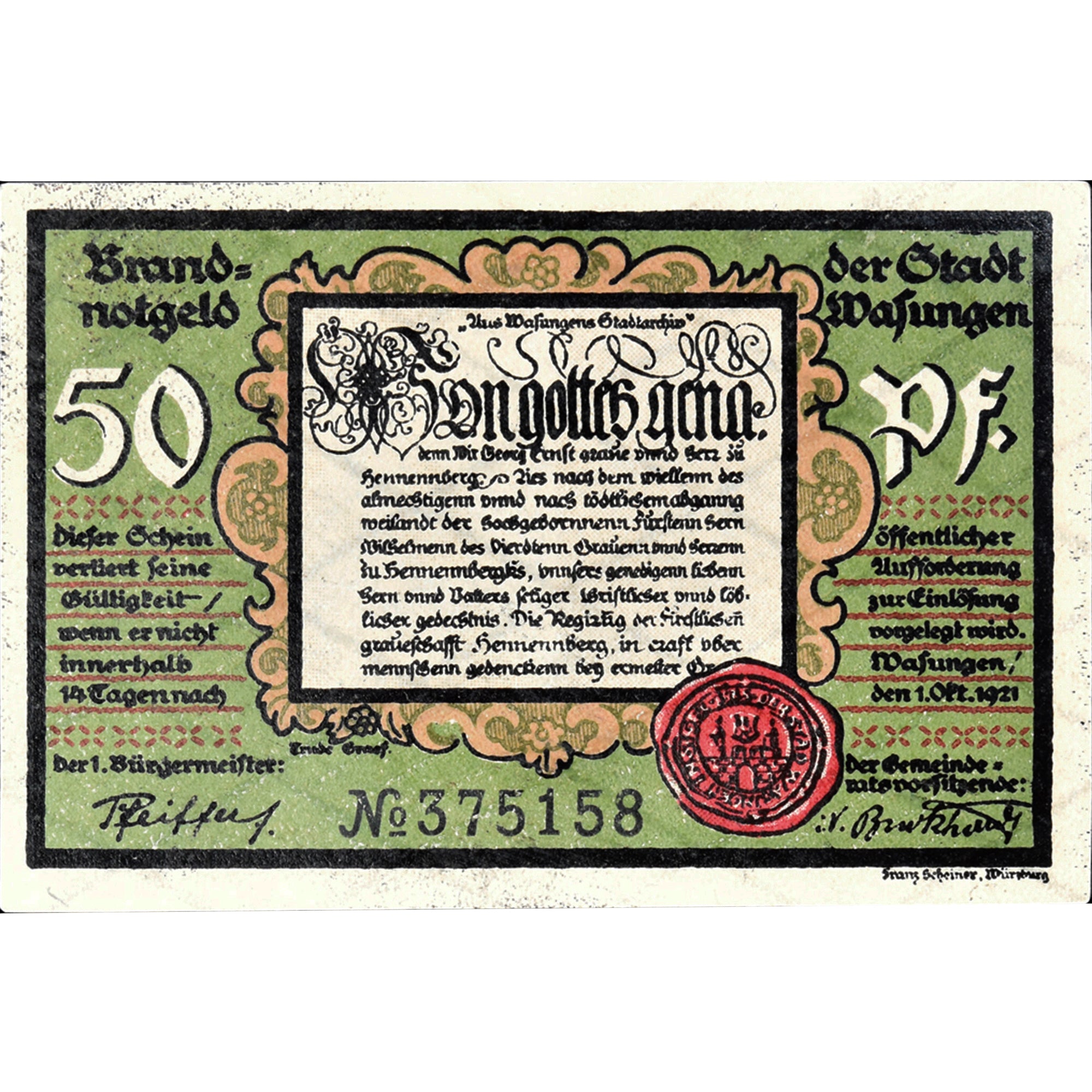 Geldschein, Deutschland, Wasungen, 50 Pfennig, Incendie, 1921 UNZ- Mehl:1384.1