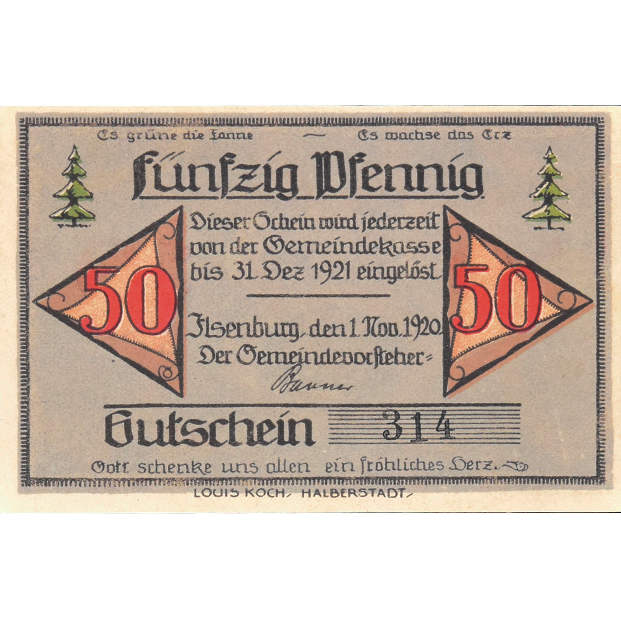 Geldschein, Deutschland, Ilsenburg, 50 Pfennig, rocher 1921 UNZ- Mehl:644.1