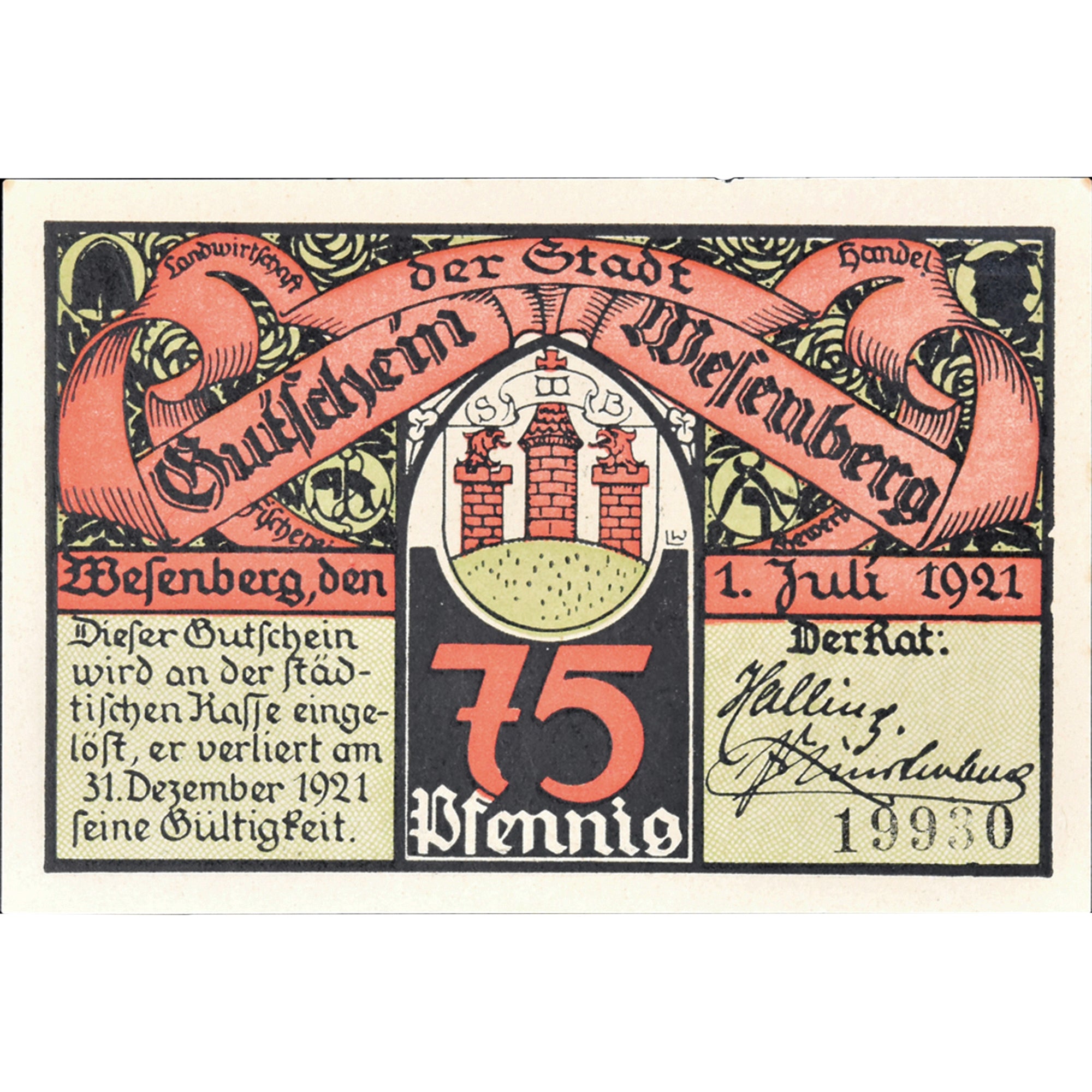 Geldschein, Deutschland, Wesenberg, 75 Pfennig, château, 1921 UNZ- Mehl:1410.1