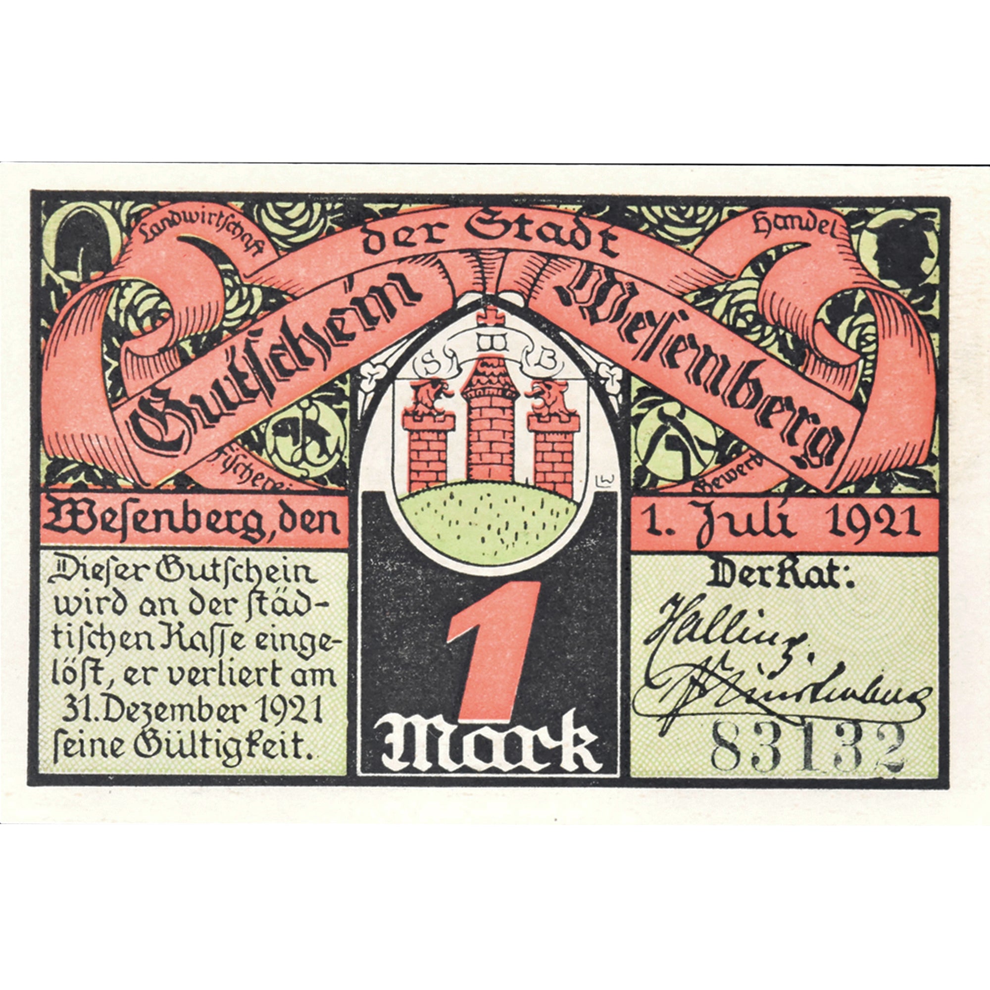 Geldschein, Deutschland, Wesenberg, 1 Mark, armée, 1921 VZ Mehl:1410.1