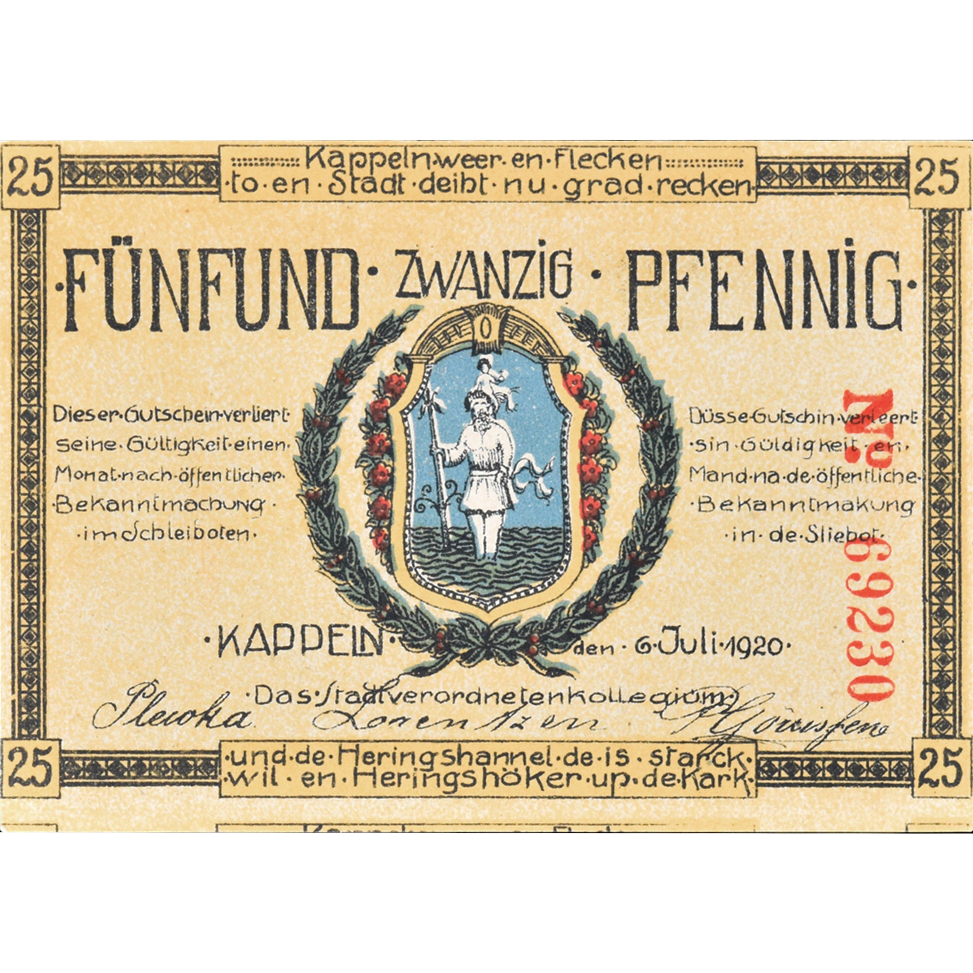 Banknot, Niemcy, Kappeln, 25 Pfennig, Blason 1920-07-06, UNC(63) Mehl:677.1