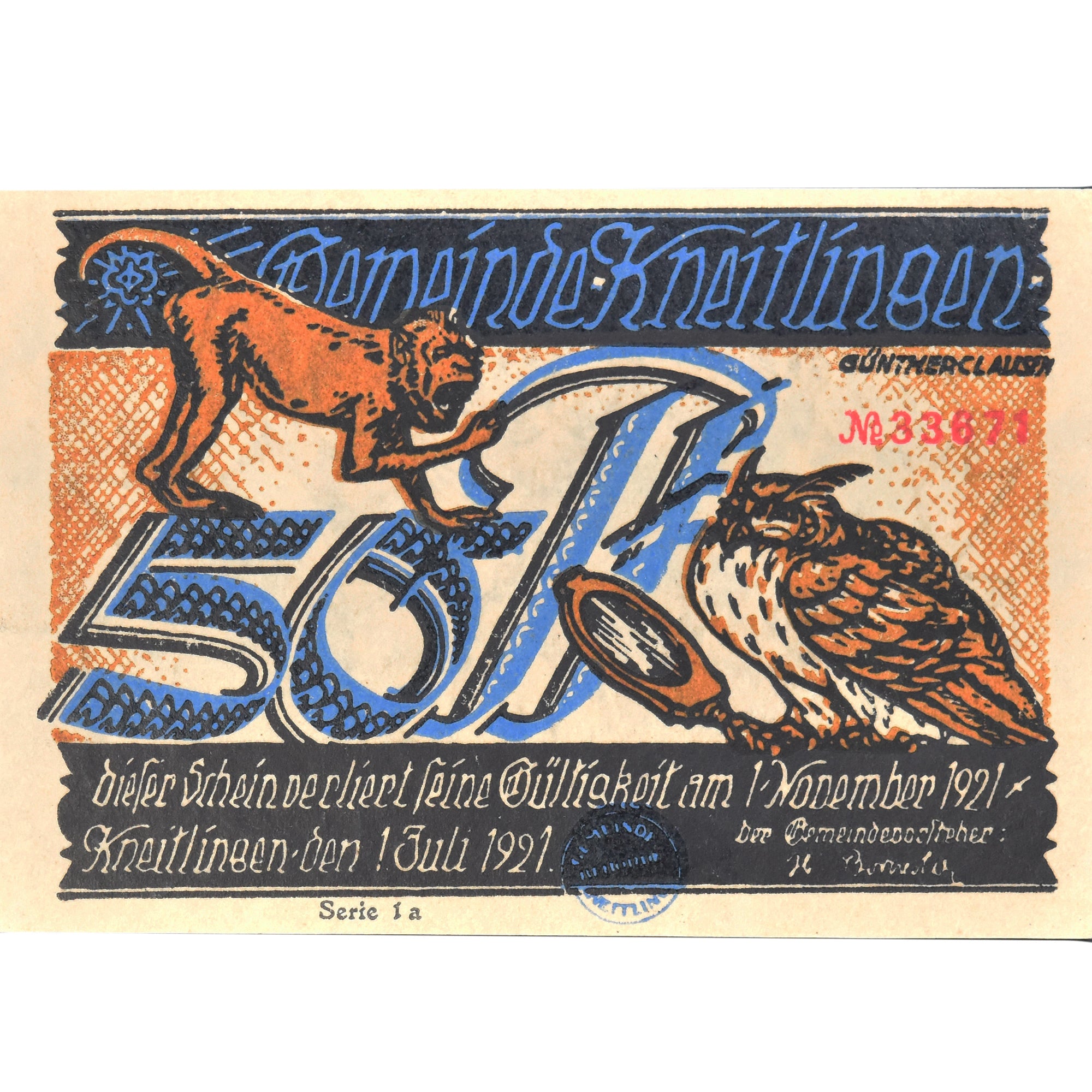 Geldschein, Deutschland, Kneitlingen, 50 Pfennig, singe 1921 UNZ- Mehl:710.1