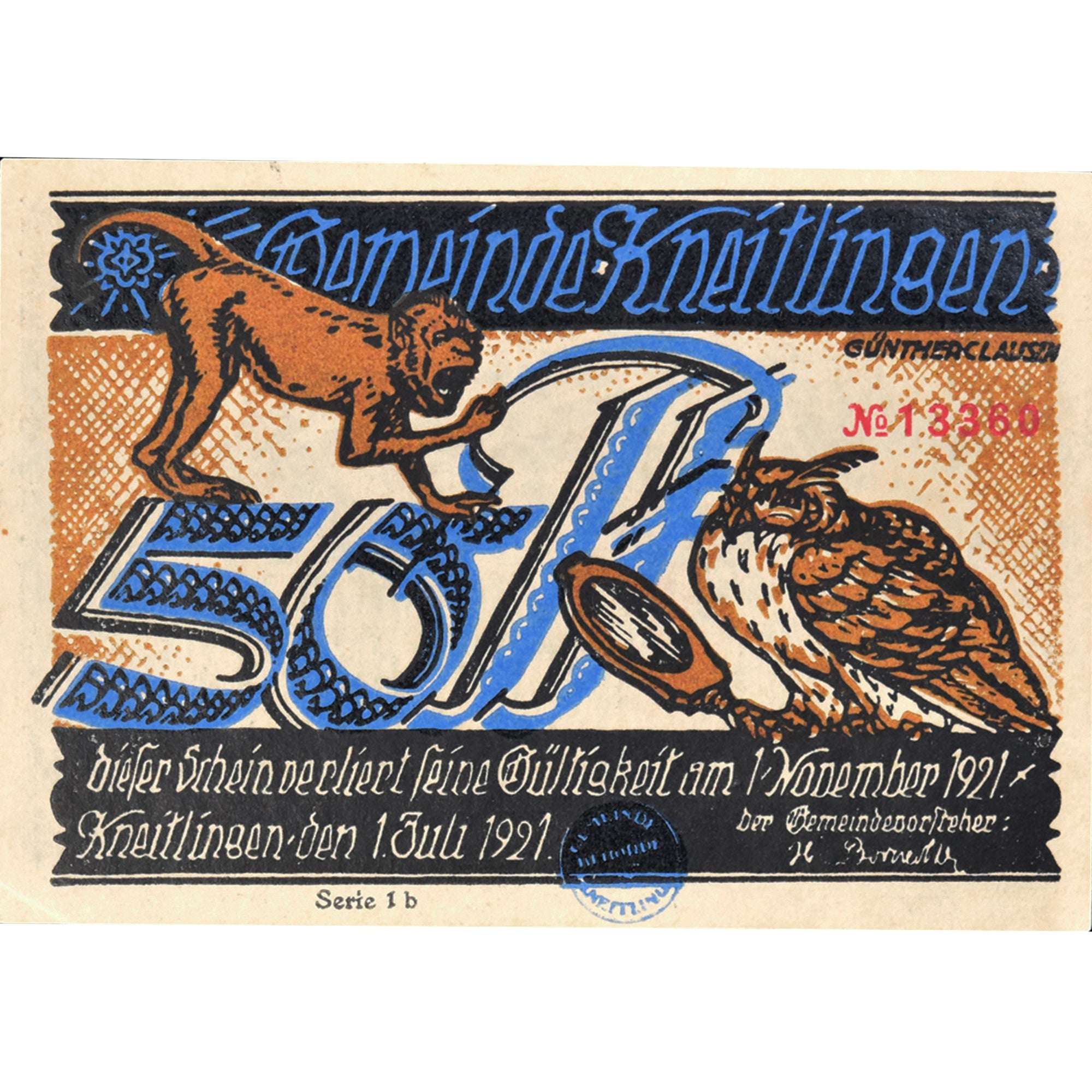 Geldschein, Deutschland, Kneitlingen, 50 Pfennig, hibou 1921 UNZ- Mehl:710.1