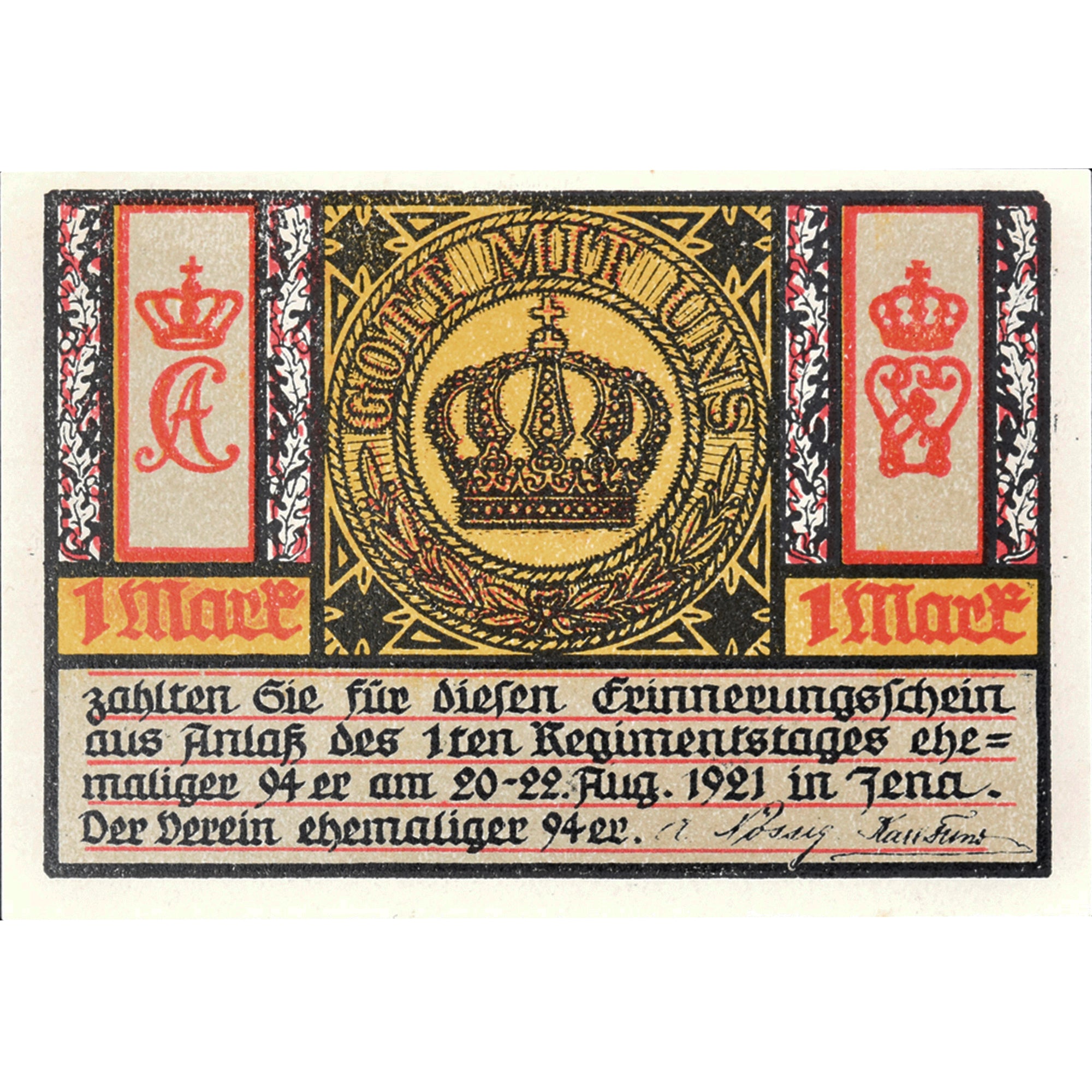 Geldschein, Deutschland, Jena, 1 Mark, soldat 1921-08-22, UNZ- Mehl:657.1a