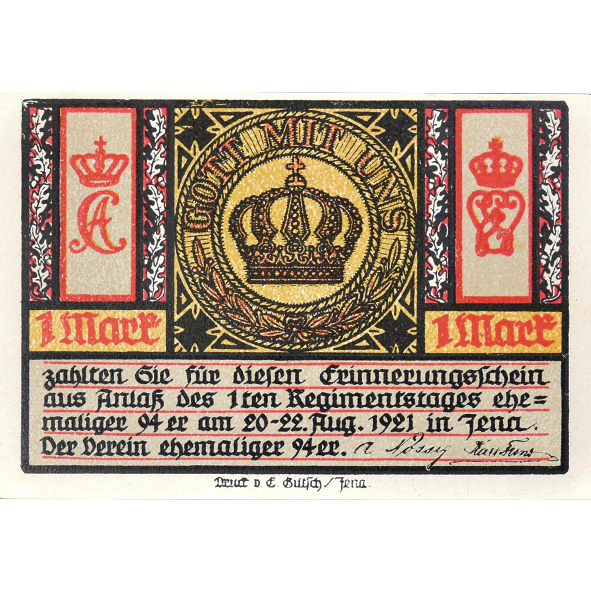 Banknot, Niemcy, Jena, 1 Mark, château, 1921, 1921-08-22, UNC(63), Mehl:657.1a