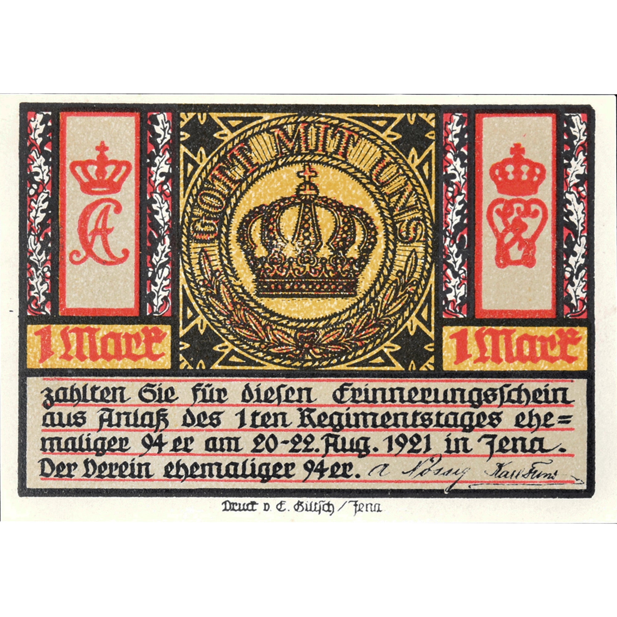 Geldschein, Deutschland, Jena, 1 Mark, Blason 1921-08-22, UNZ- Mehl:657.1a