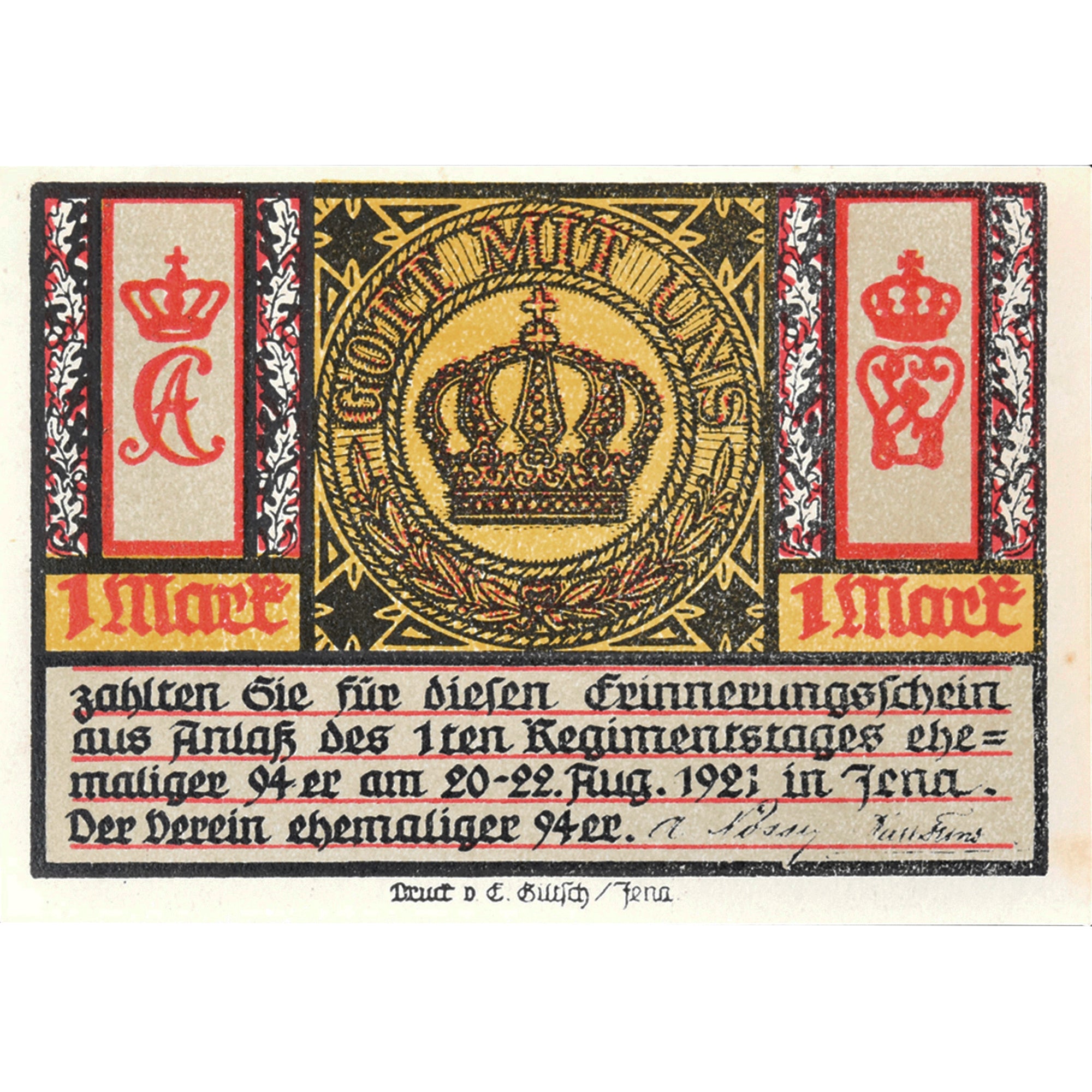 Banknot, Niemcy, Jena, 1 Mark, Couronne, 1921, 1921-08-22, UNC(63), Mehl:657.1a
