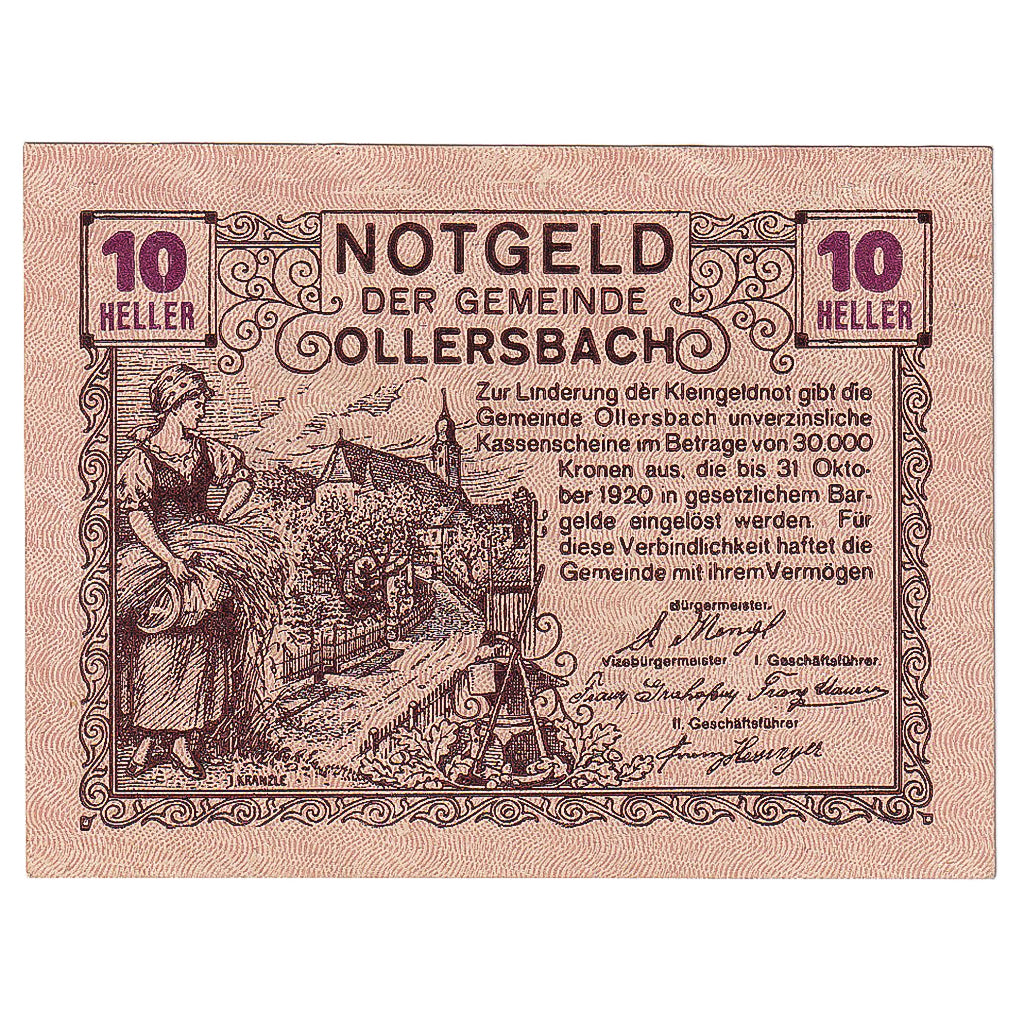 Banconote, Austria, Ollersbach, 10 Heller, ferme, 1920 SPL, Mehl:FS 709a
