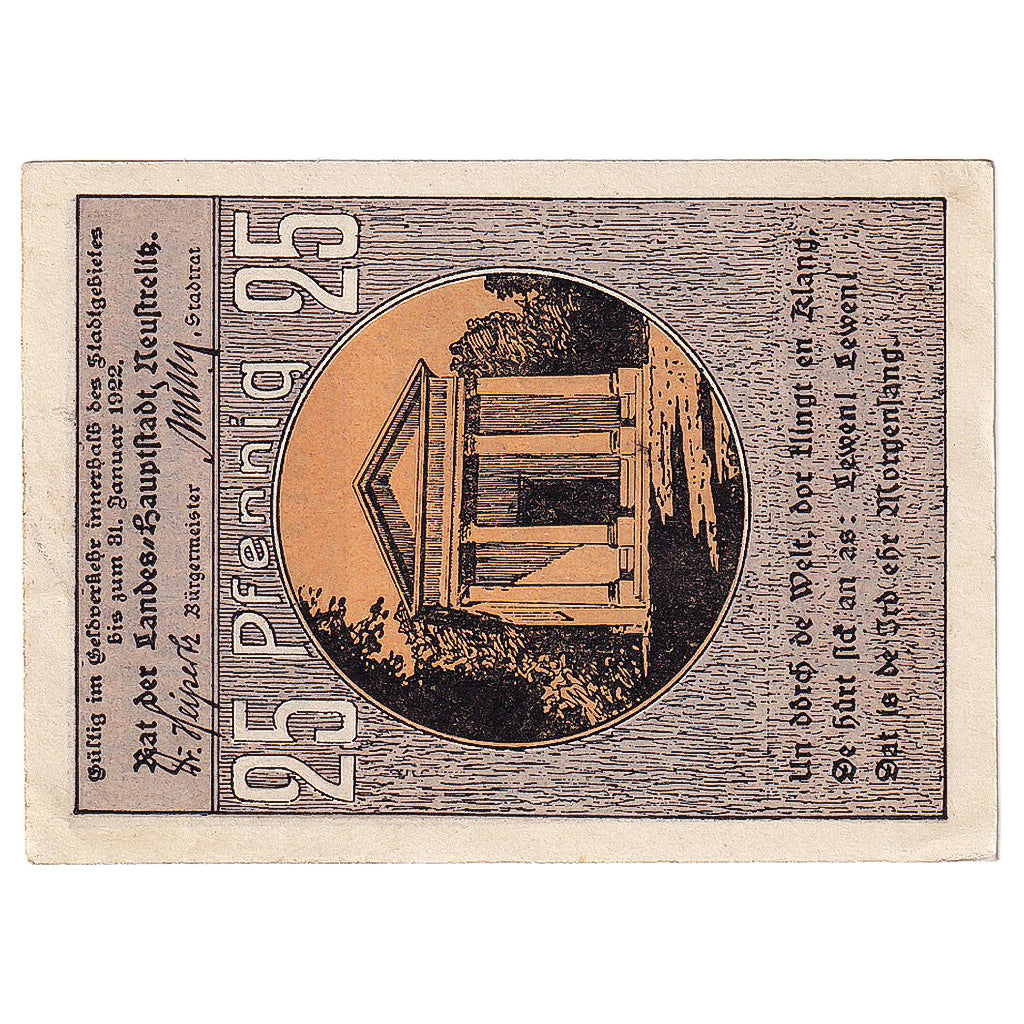 Geldschein Deutschland Neustrelitz 25 Pfennig, Monument 1922 UNZ- Mehl:FS 969.1